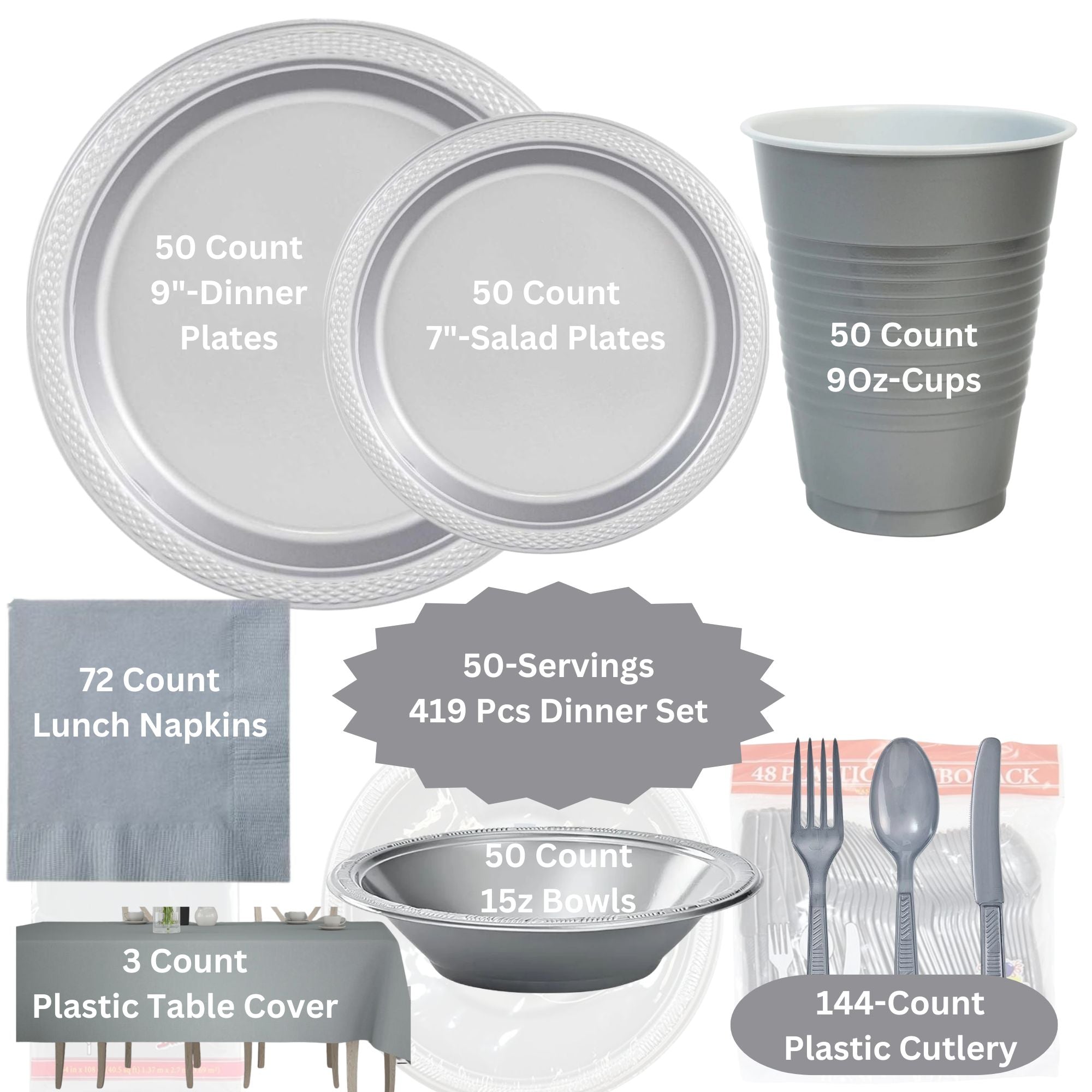 Silver Complete Disposable Dining Set | Budget Party Combo Disposable Tableware Hanna K Signature 50 Guest Servings