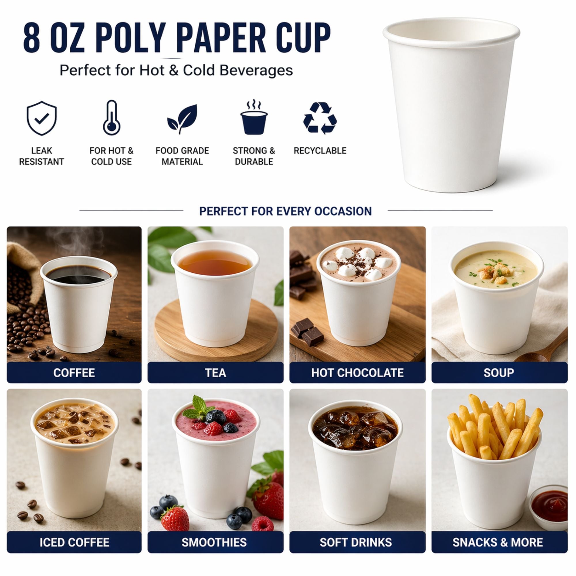 *WHOLESALE* 8 oz White Poly Paper Cups Hot and Cold Disposable Leak Resistant Cups 1000/ Case
