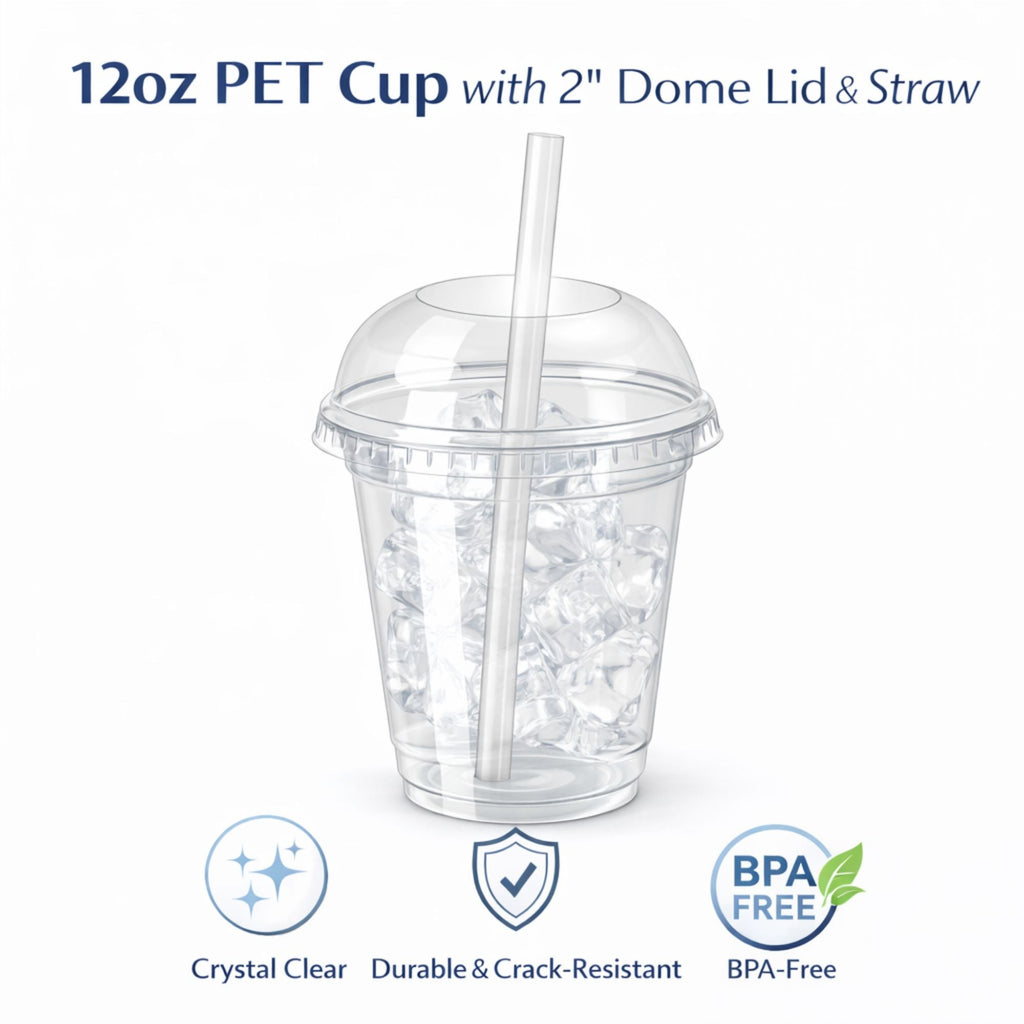 12oz Clear PET Cups with 2" Wide Hole Dome Lid & Straw Plastic Disposable