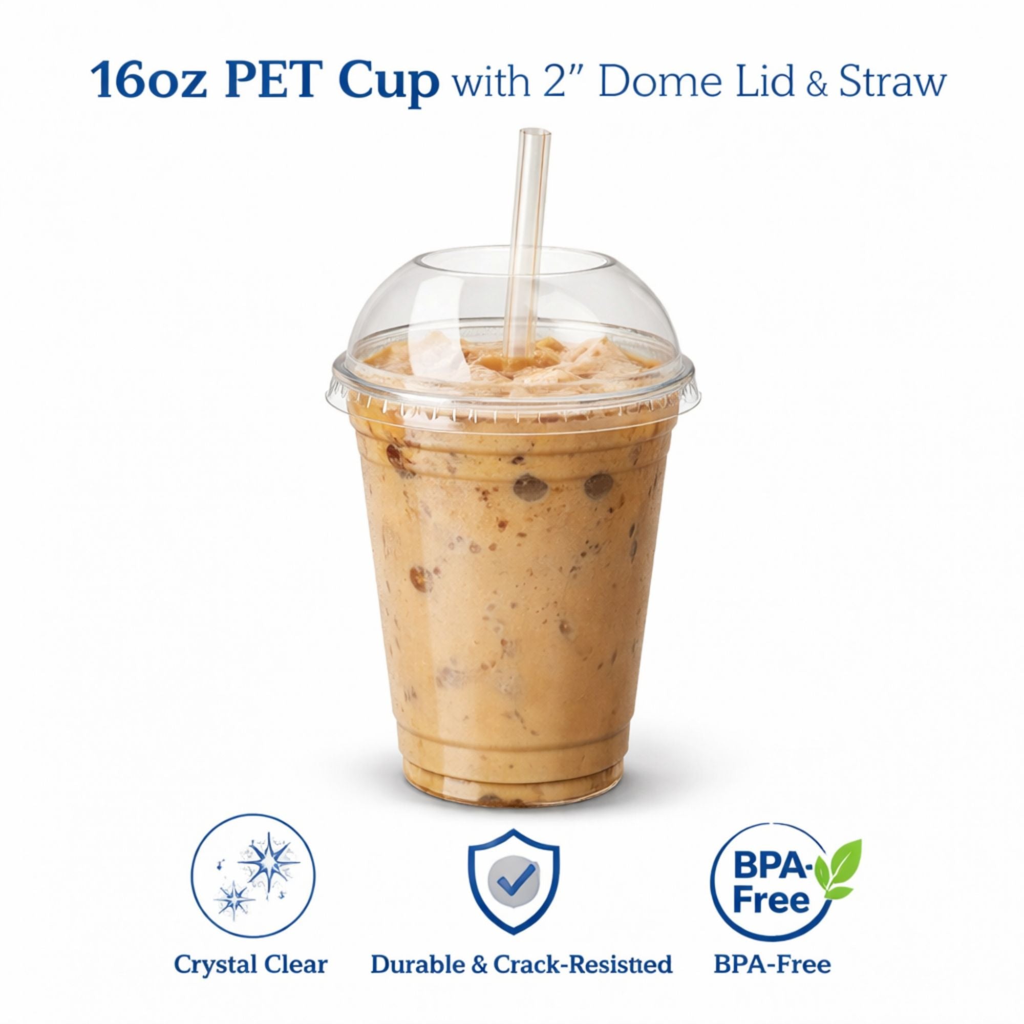 16oz Clear PET Cups with 2" Wide Hole Dome Lid & Straw Plastic Disposable