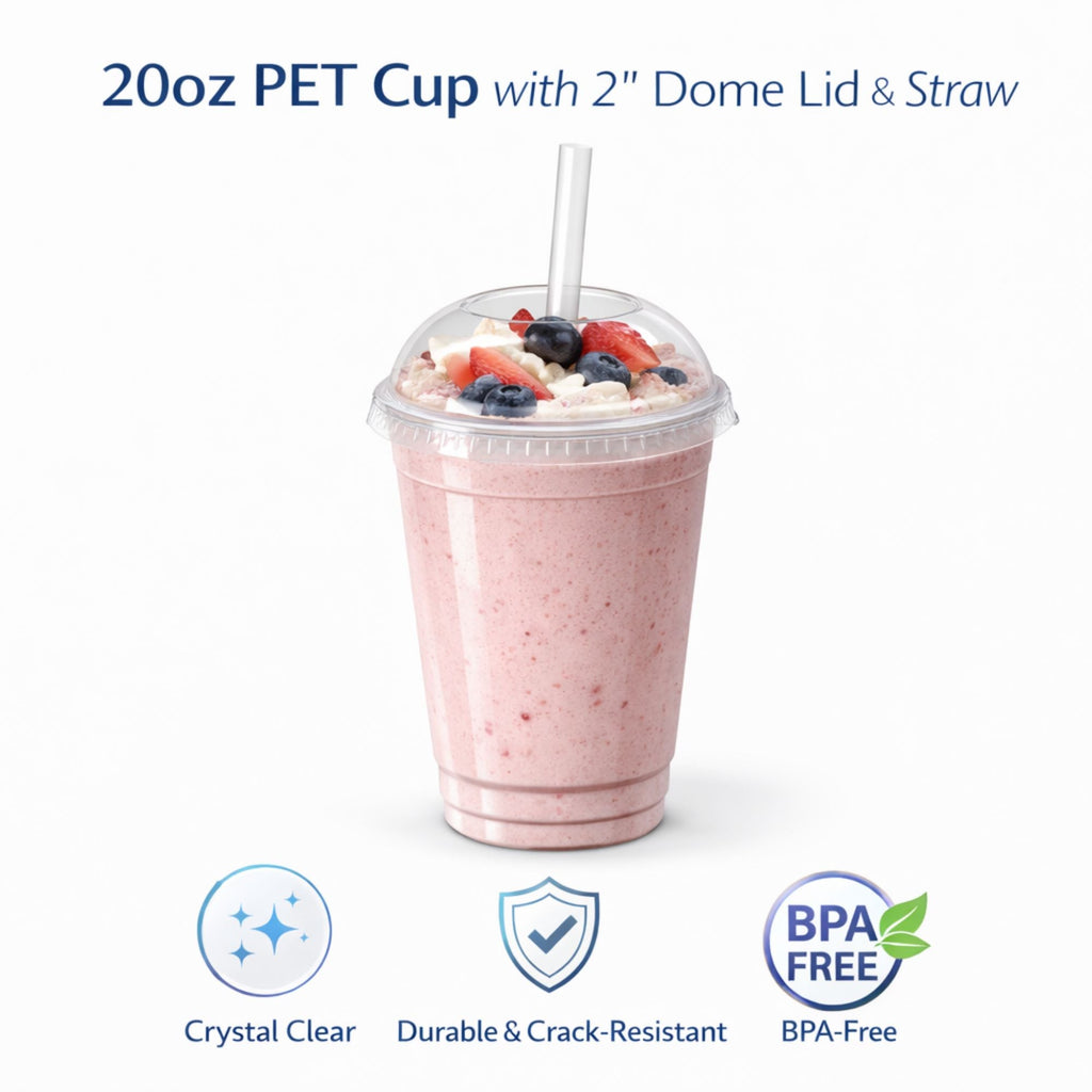 24oz Clear PET Cups with 2" Wide Dome Lid & Straw Plastic Disposable