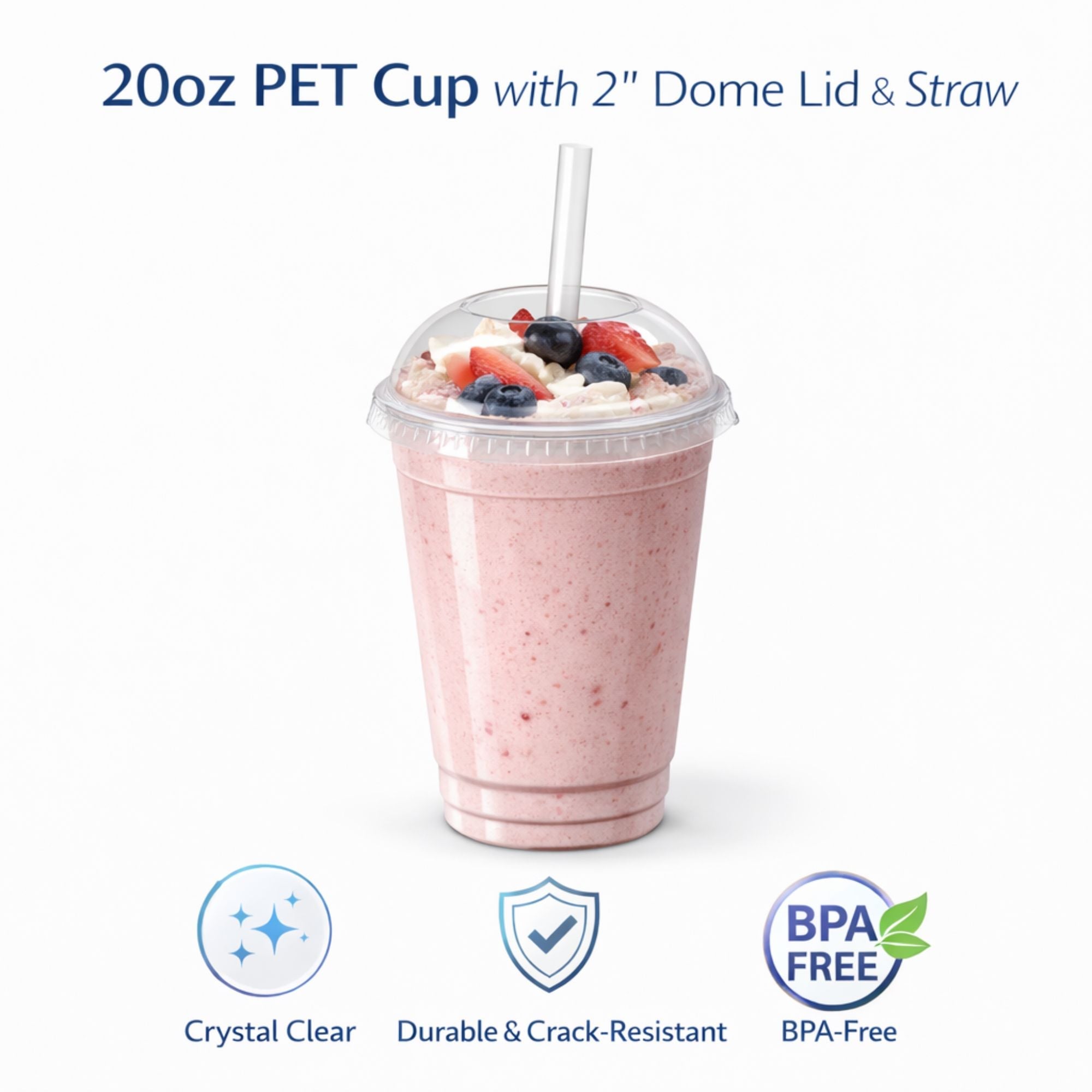 24oz Clear PET Cups with 2" Wide Dome Lid & Straw Plastic Disposable