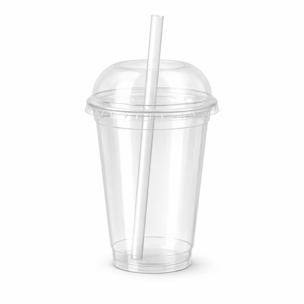 24oz Clear PET Cups with 2" Wide Dome Lid & Straw Plastic Disposable