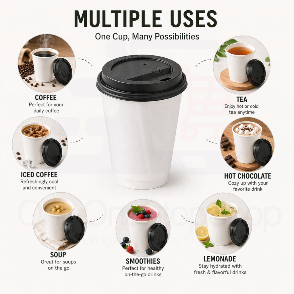 *Buy Bulk* 10oz Disposable Poly Paper Cups with Black Dome Lids