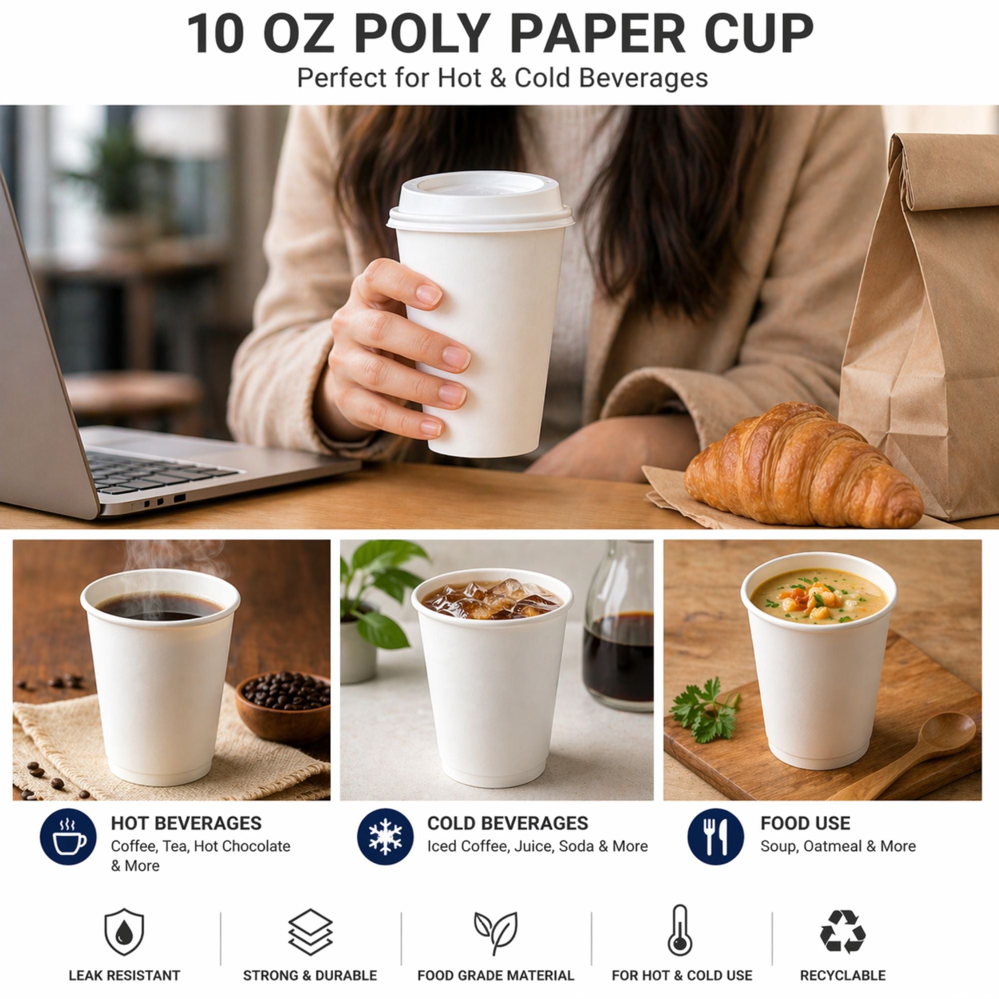 *WHOLESALE* 10 oz White Poly Paper Cups Hot and Cold Disposable Leak Resistant Cups: 1000/Case