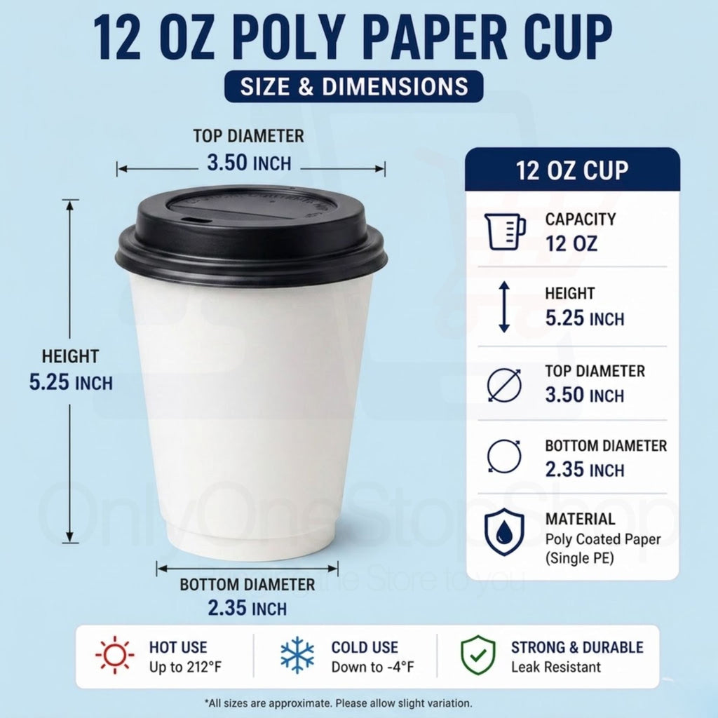 *Buy Bulk* 12oz Disposable Poly Paper Cups with Black Dome Lids