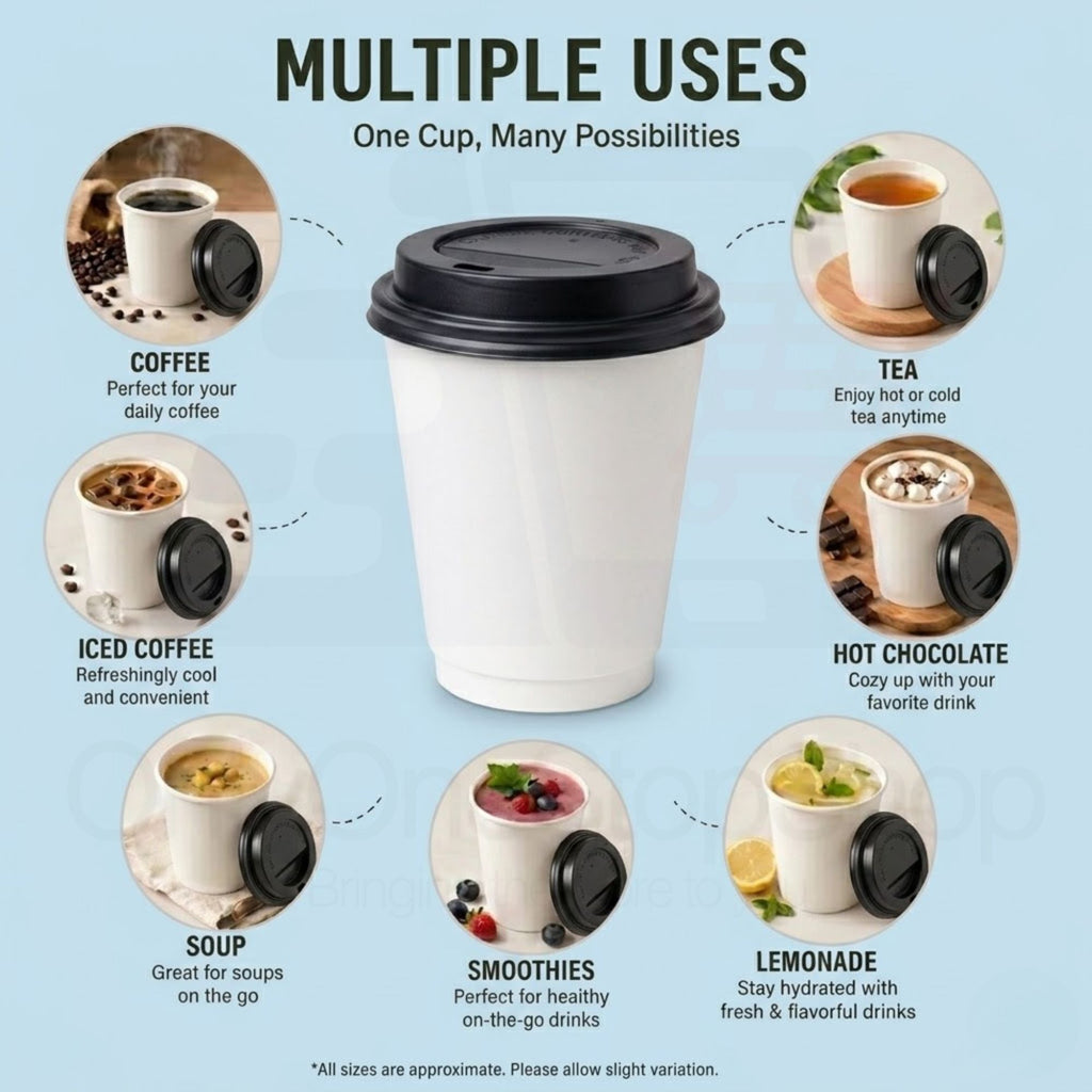 *Buy Bulk* 12oz Disposable Poly Paper Cups with Black Dome Lids