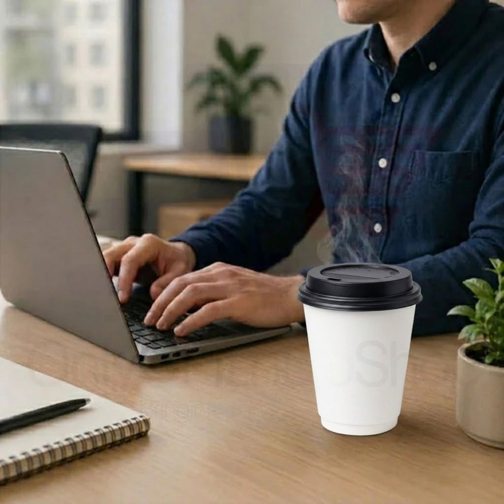 *Buy Bulk* 12oz Disposable Poly Paper Cups with Black Dome Lids