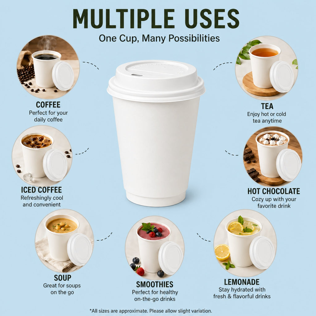 *Buy Bulk* 12oz Disposable White Poly Paper Cups with White Dome Lids