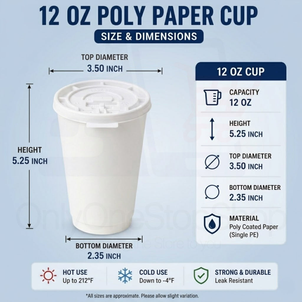 *Buy Bulk* 12oz Disposable Poly Paper Cups with White Lids