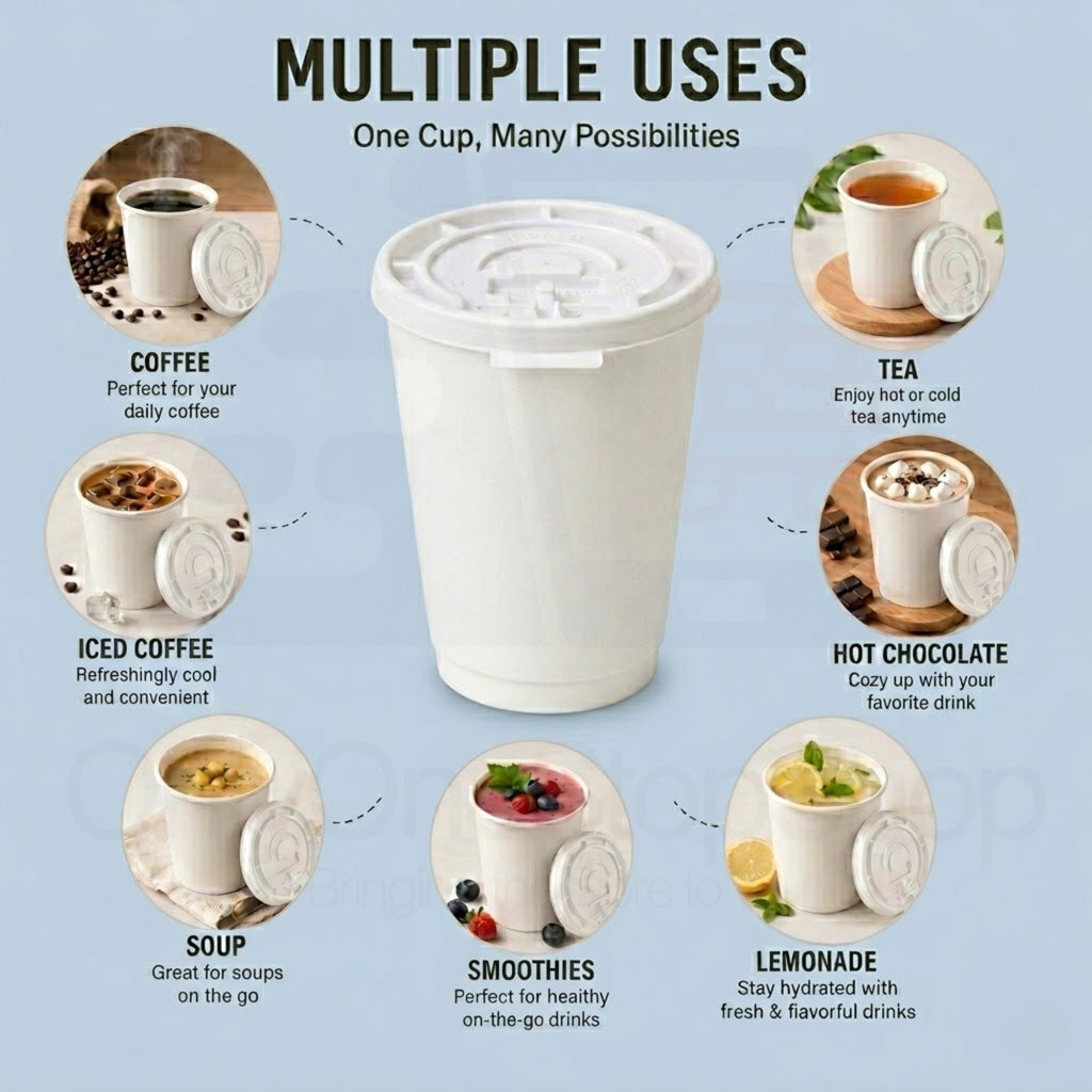*Buy Bulk* 12oz Disposable Poly Paper Cups with White Lids