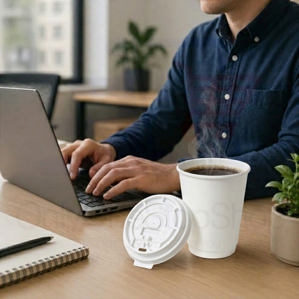 *Buy Bulk* 12oz Disposable Poly Paper Cups with White Lids