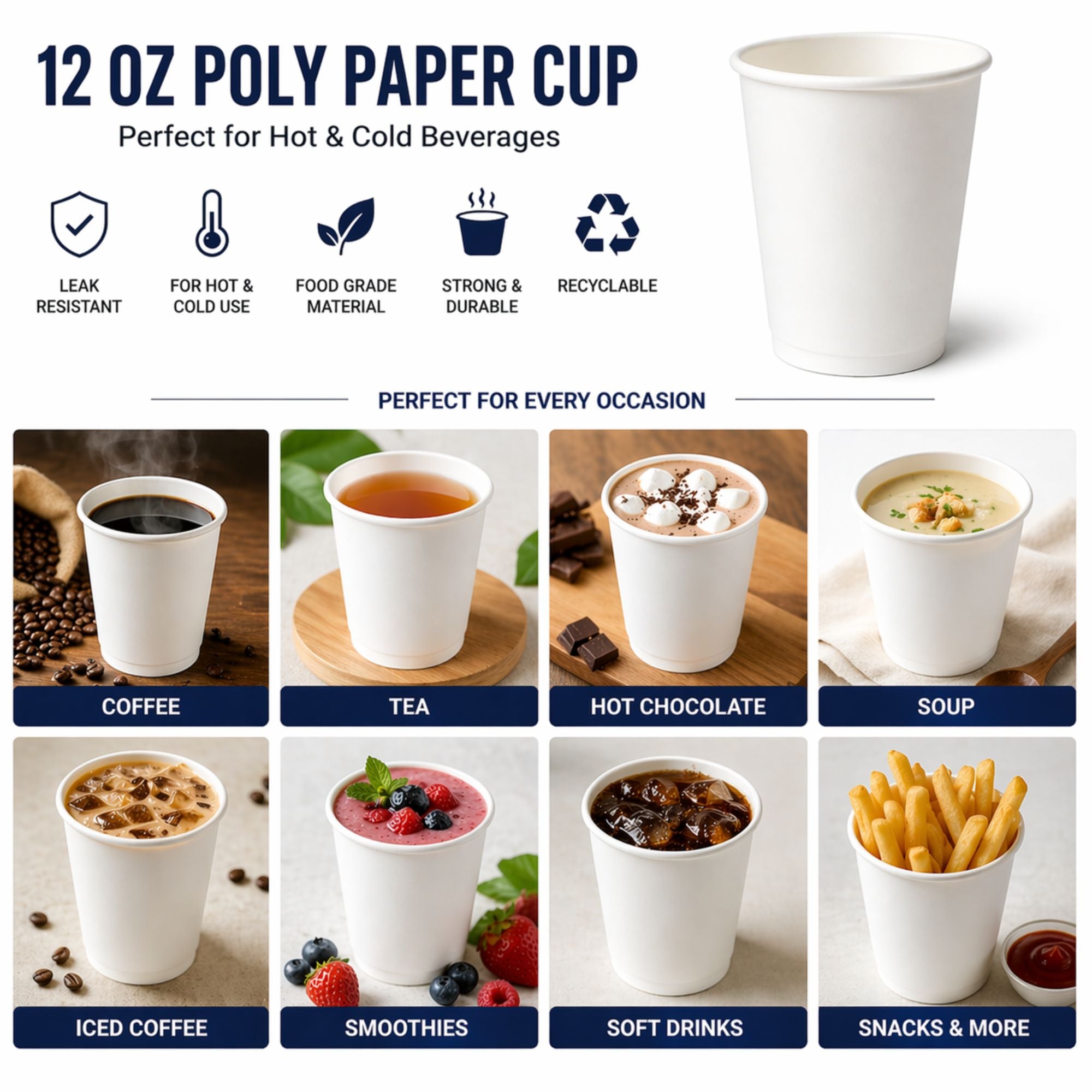 *WHOLESALE* 12 oz White Poly Paper Cups Hot and Cold Disposable Leak Resistant Cups 1000 Count Case