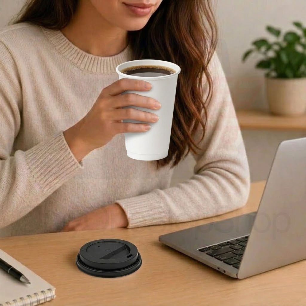 *Buy Bulk* 16oz Disposable Poly Paper Cups with Black Dome Lids