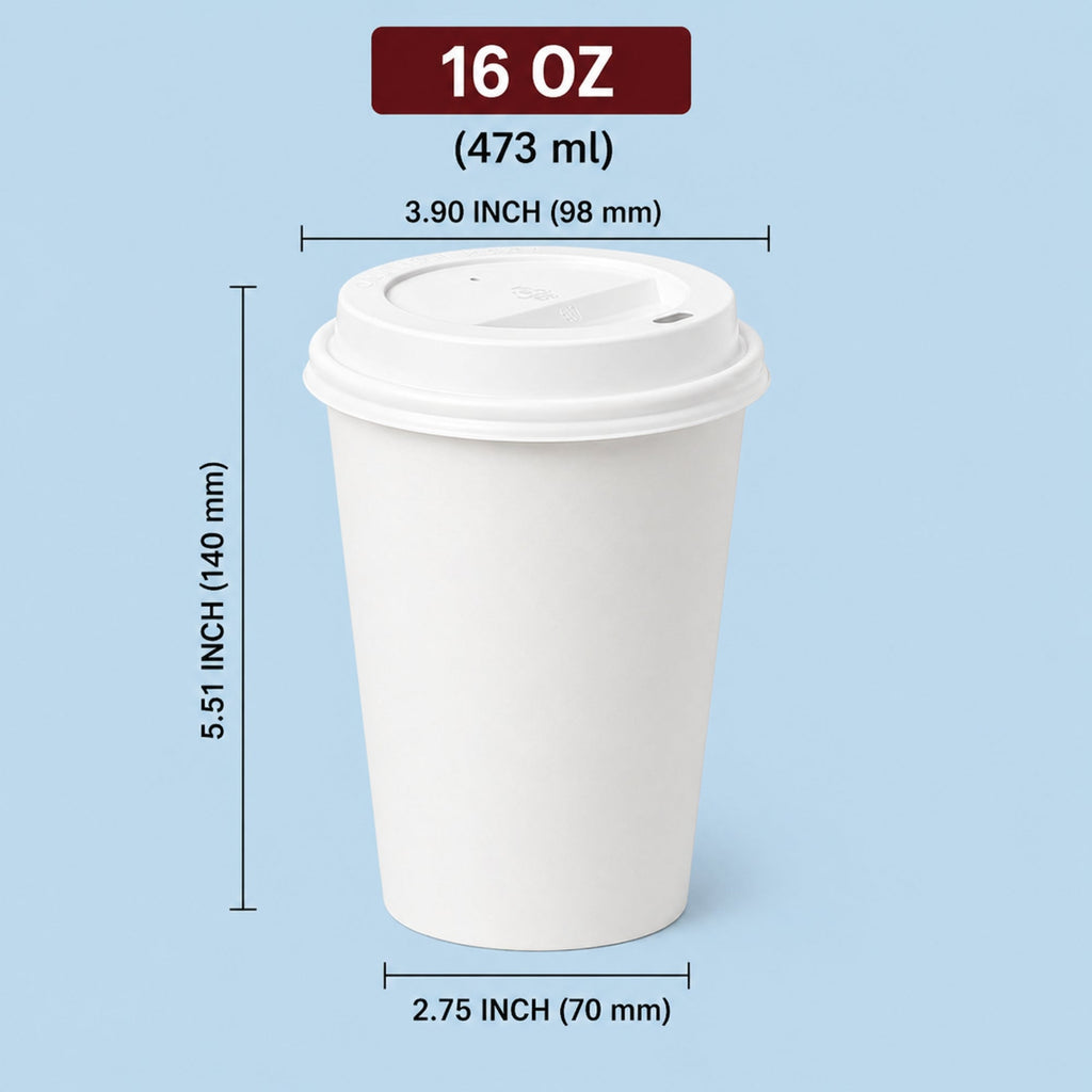 *Buy Bulk* 16oz Disposable White Poly Paper Cups with White Dome Lids