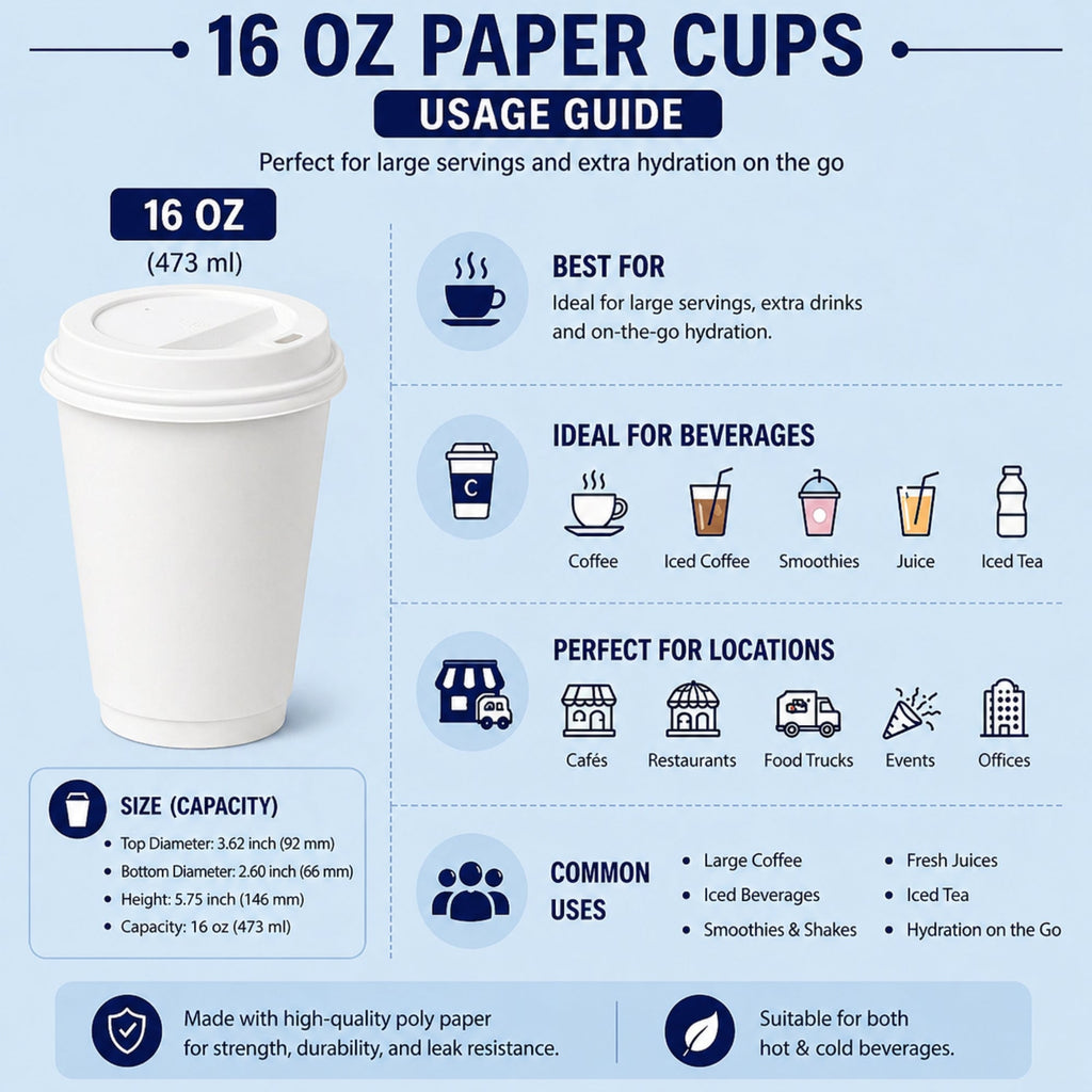 *Buy Bulk* 16oz Disposable White Poly Paper Cups with White Dome Lids
