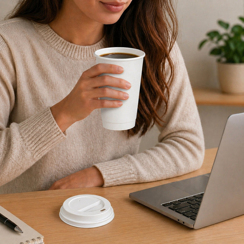 *Buy Bulk* 16oz Disposable White Poly Paper Cups with White Dome Lids