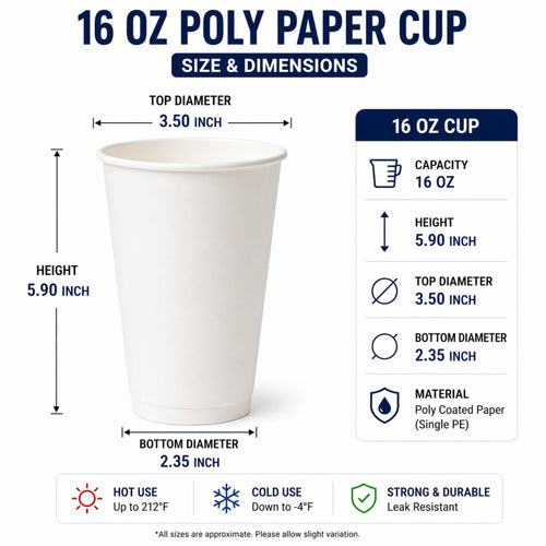 *BUY BULK*  16 oz White Poly Paper Cups Hot and Cold Disposable Leak Resistant Cups
