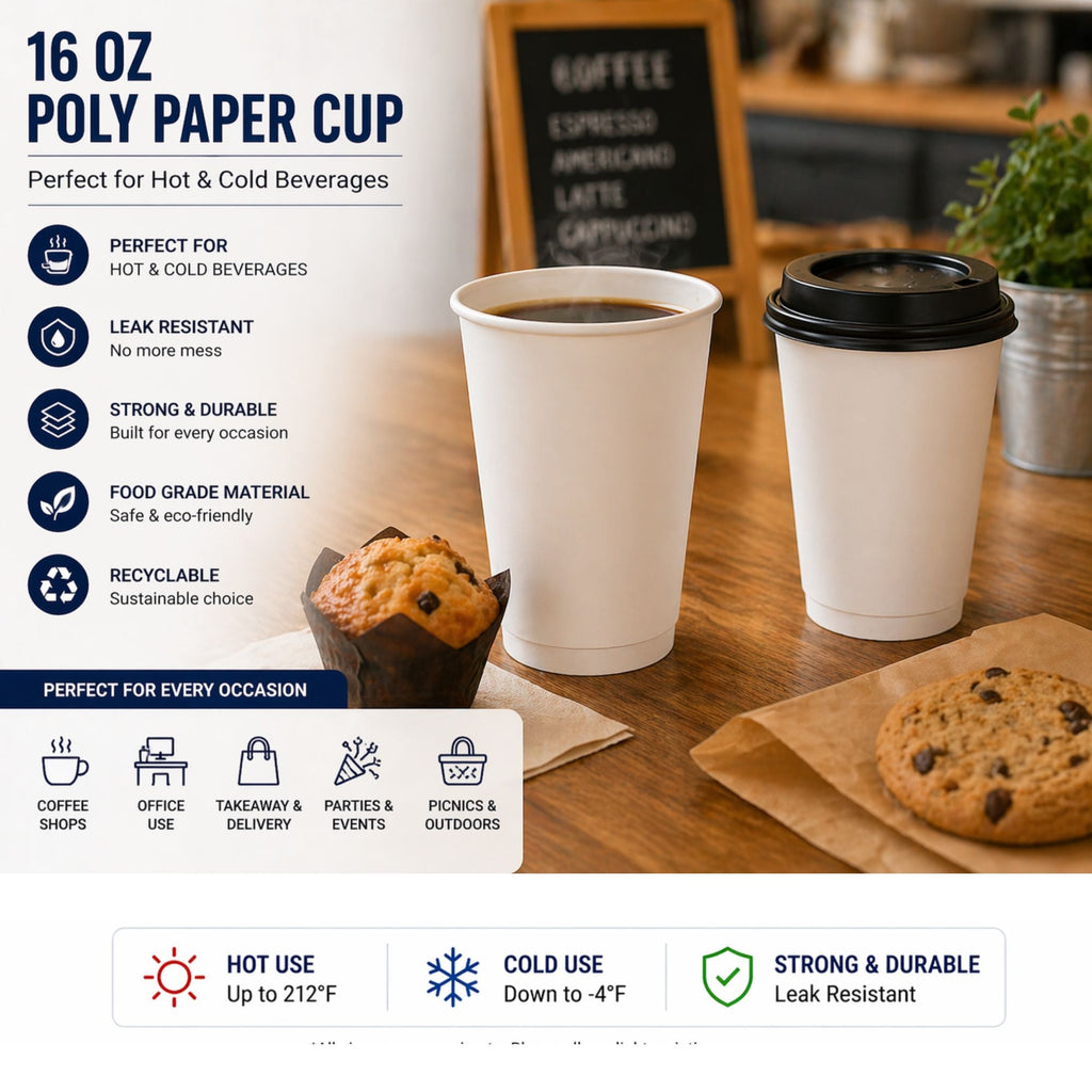 *WHOLESALE* 16 oz White Poly Paper Cups Hot and Cold Disposable Leak Resistant Cups 1000/Case