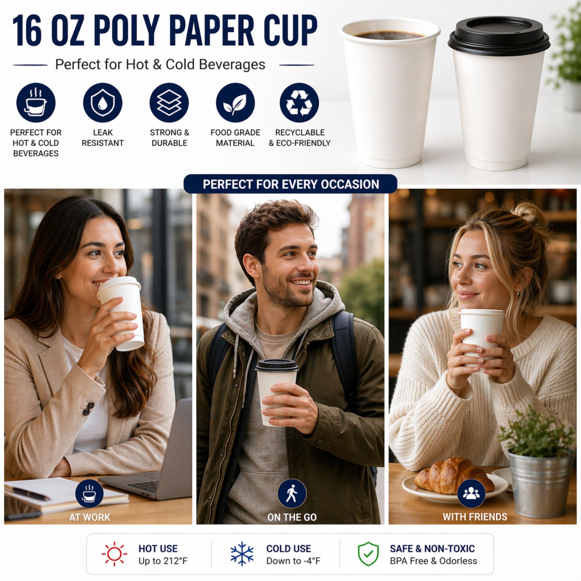 *BUY BULK*  16 oz White Poly Paper Cups Hot and Cold Disposable Leak Resistant Cups