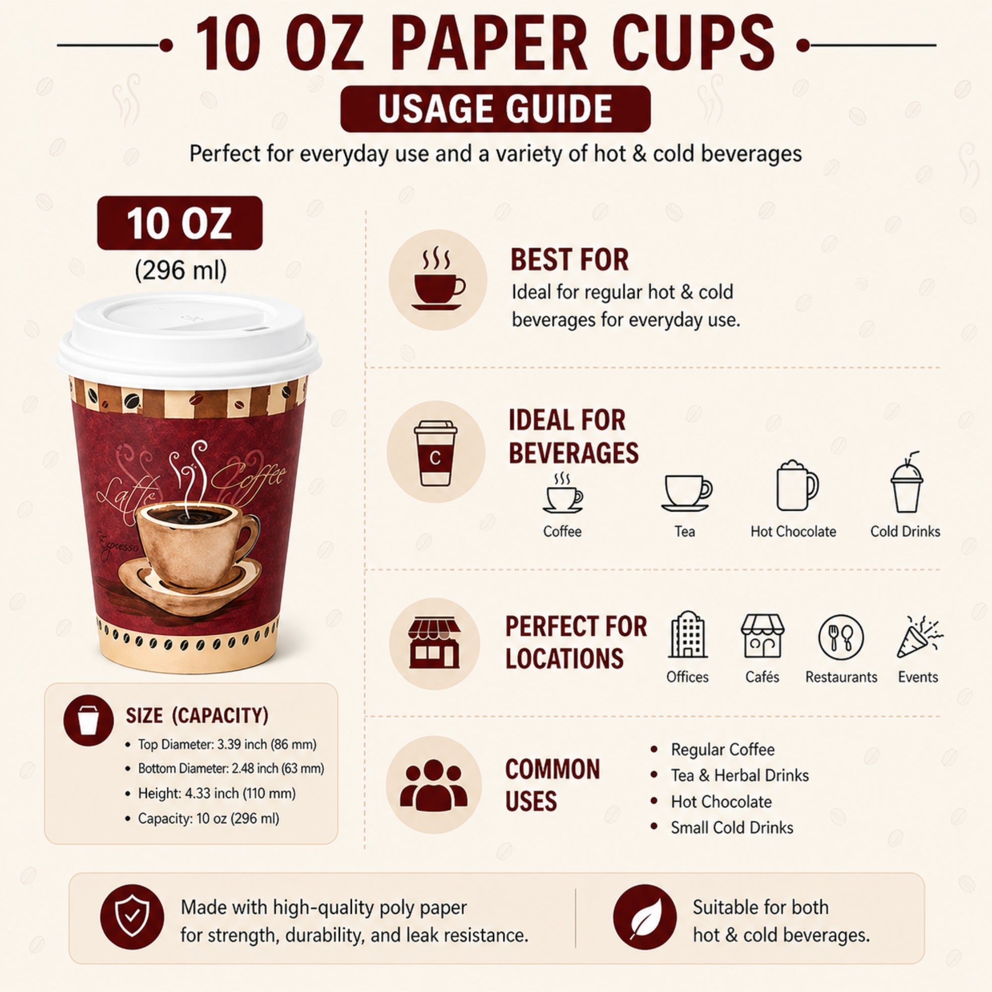 *Buy Bulk* 10oz Disposable Heaven Poly Paper Cups with White Dome Lids
