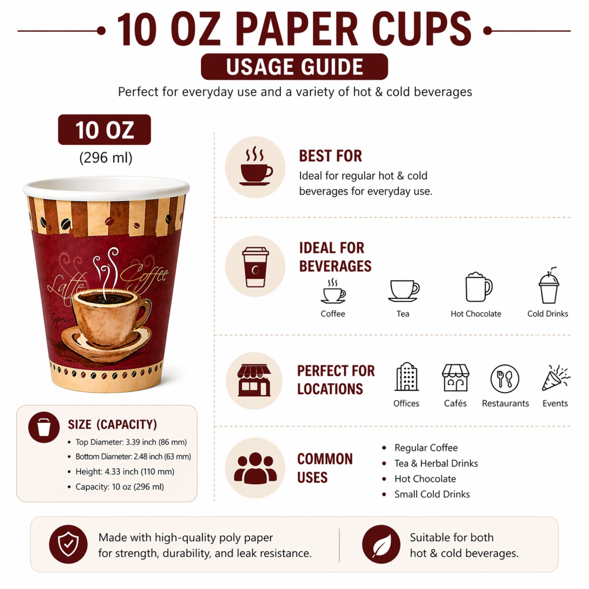 *BUY BULK* 10 oz Heaven White Poly Paper Cups Hot and Cold Disposable Leak Resistant Cups