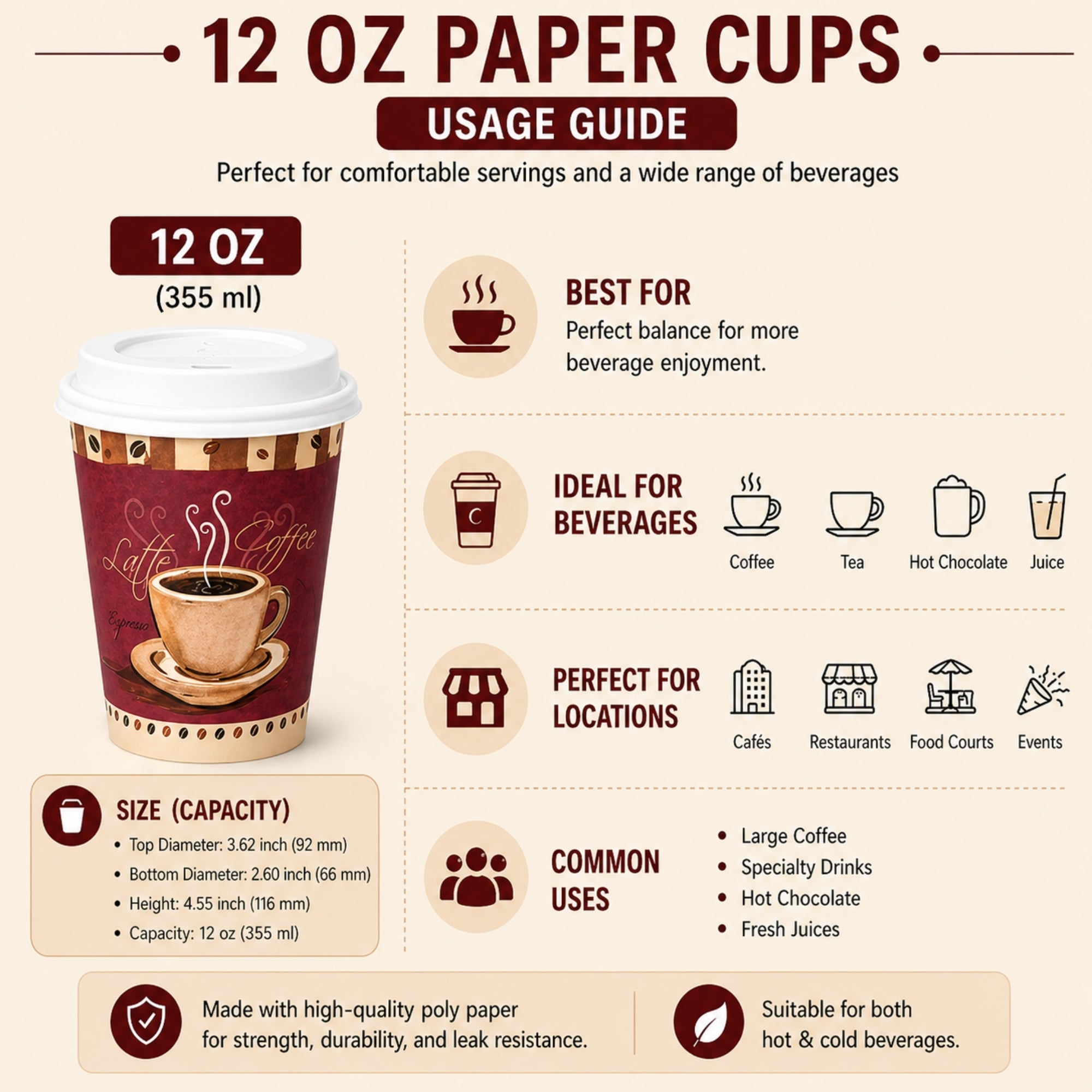*Buy Bulk* 12oz Disposable Heaven Poly Paper Cups with White Dome Lids