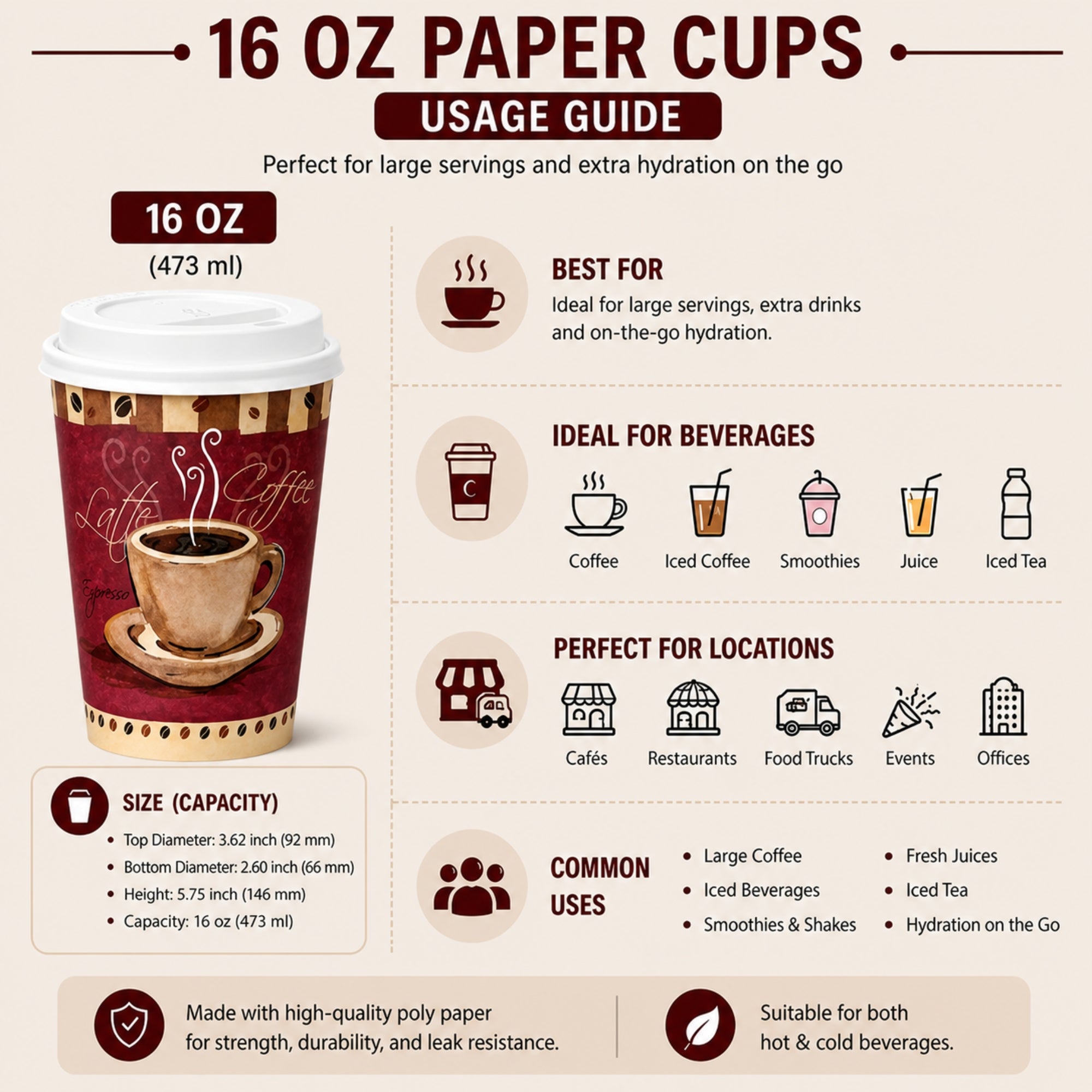 *Buy Bulk* 16oz Disposable Heaven Poly Paper Cups with White Dome Lids