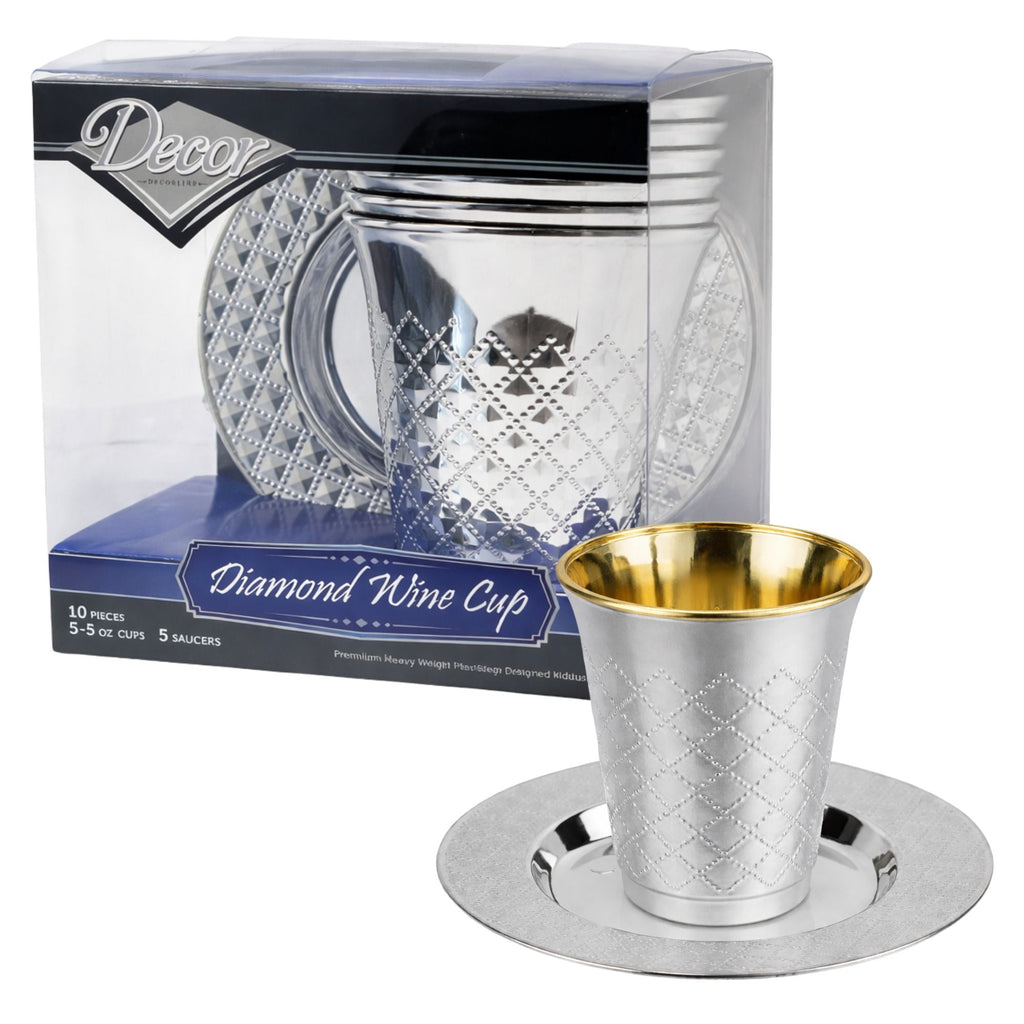 5oz Plastic kiddish Wine Cup and Saucer Set Silver Decor Diamond