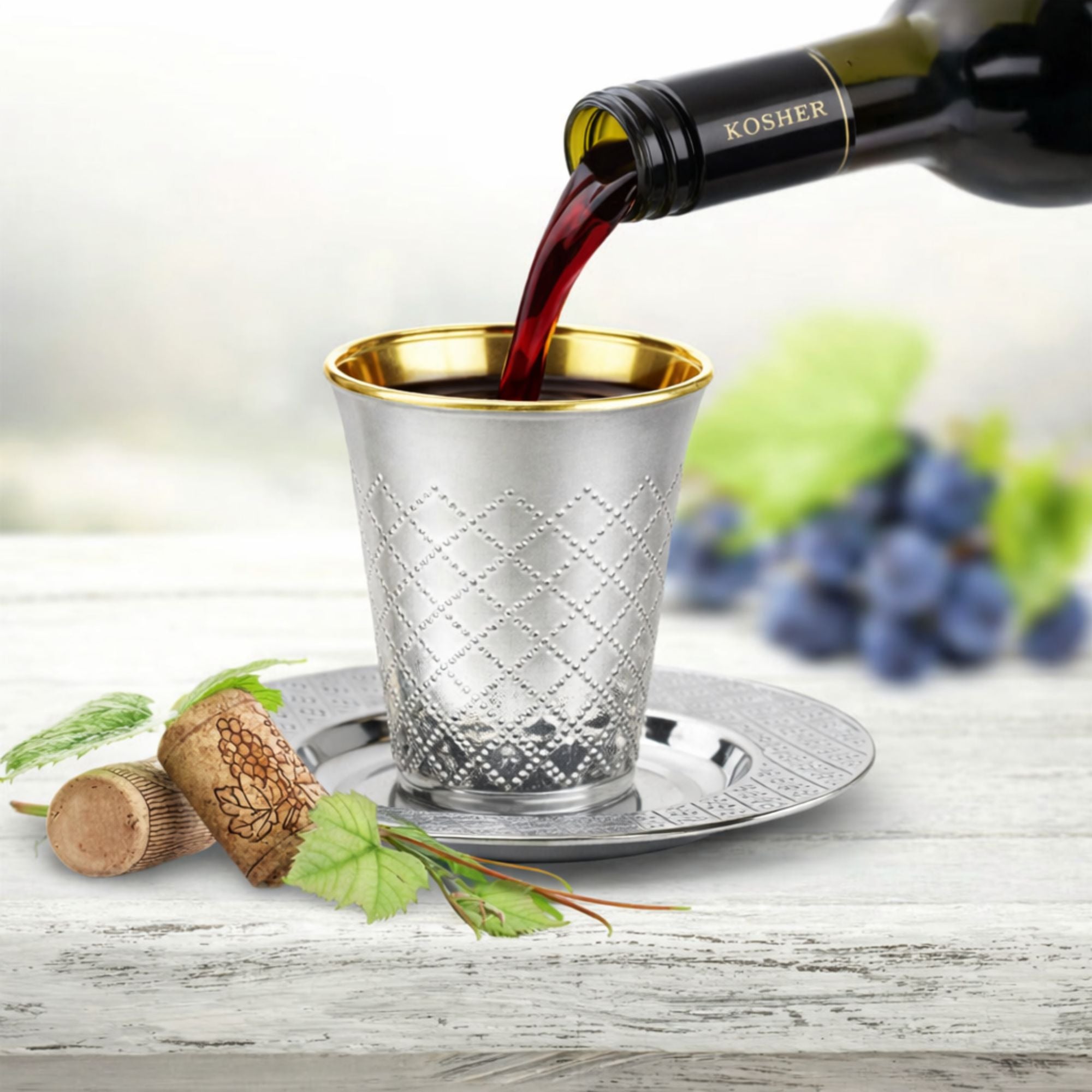 5oz Plastic kiddish Wine Cup and Saucer Set Silver Decor Diamond