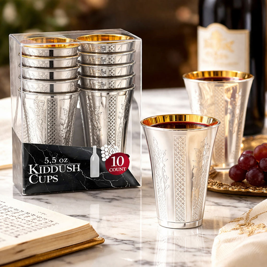 5.5 oz Set of 10 Silver Disposable Wine Kiddush Cups with Gold Interior