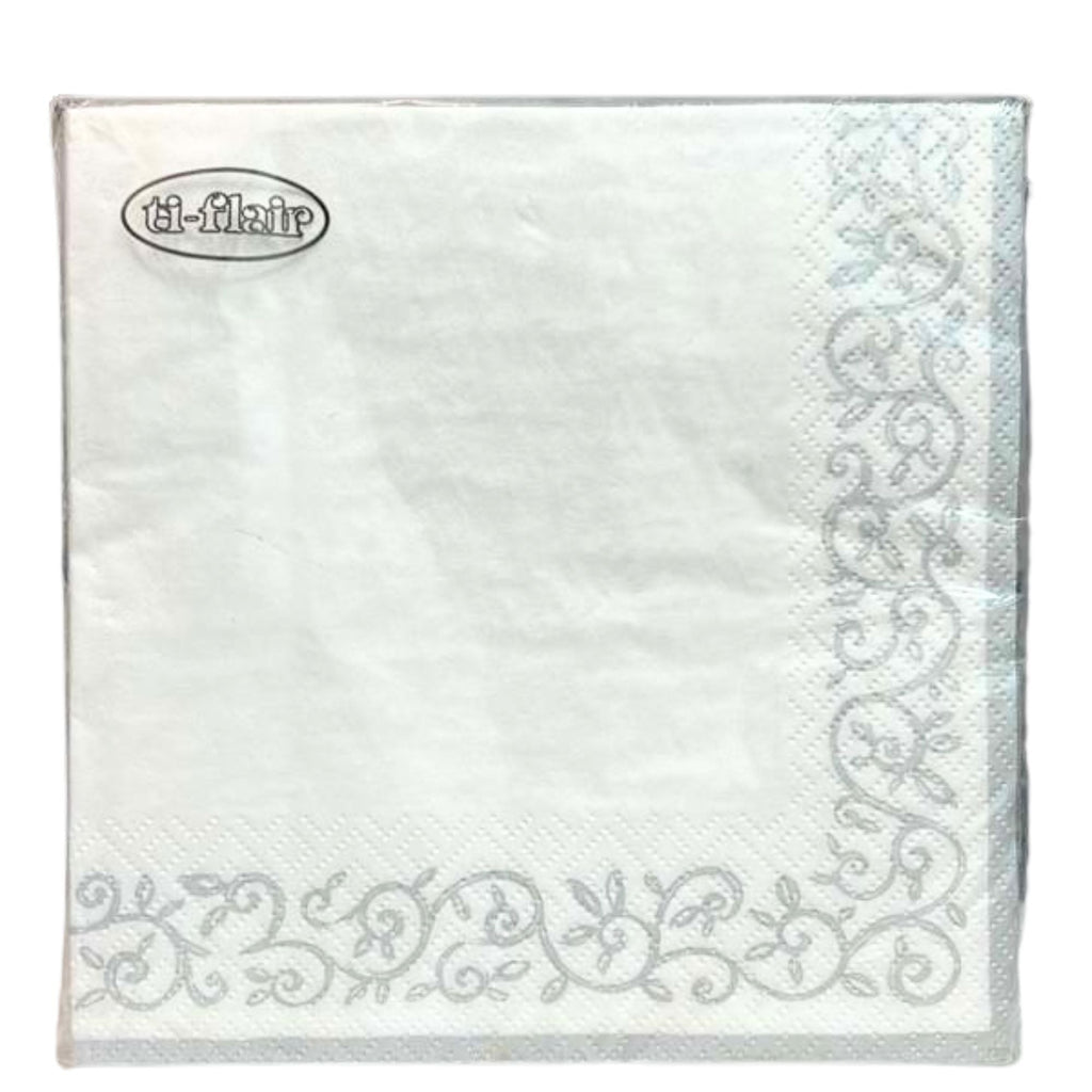 Romantic Border White/Silver Lunch Napkins 20 Pack
