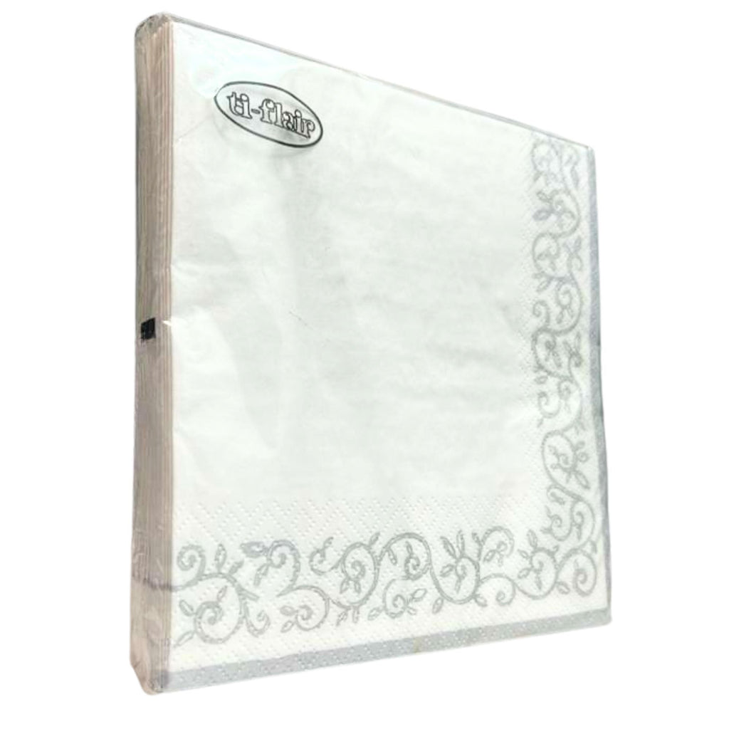 Romantic Border White/Silver Lunch Napkins 20 Pack