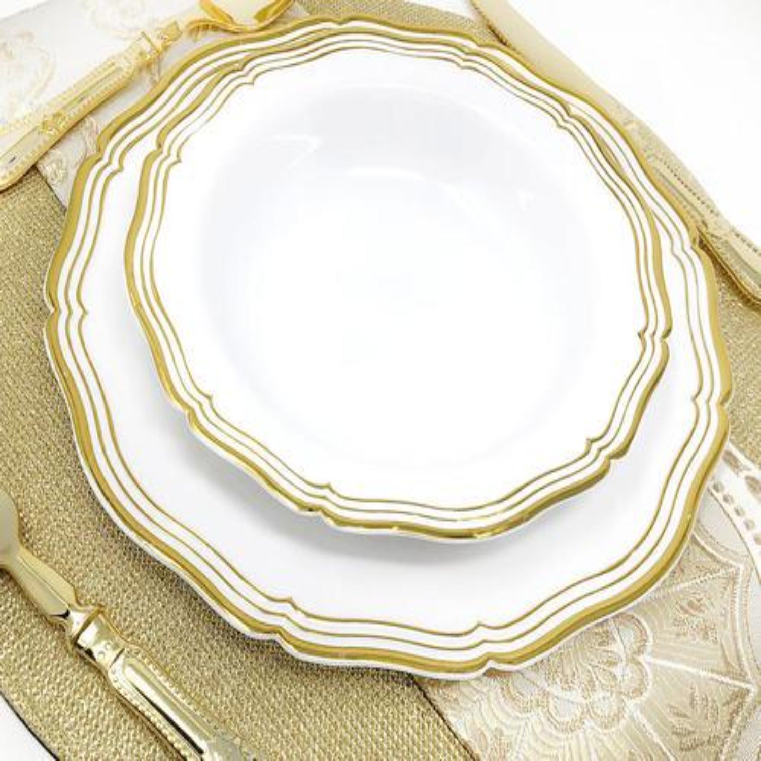 Aristocrat 10" White & Gold Plastic Dinner Plate 10 Pack