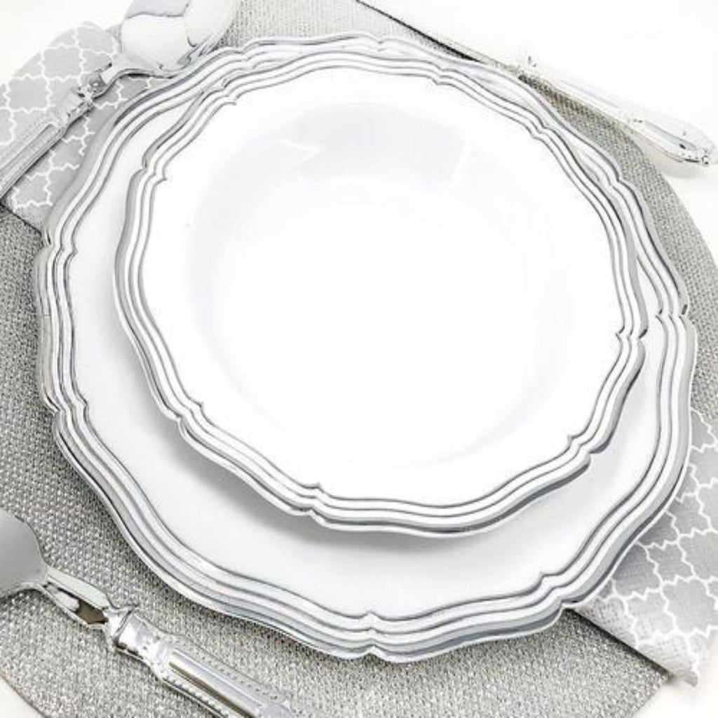 Aristocrat 10" White & Silver Plastic Dinner Plate 10 Pack