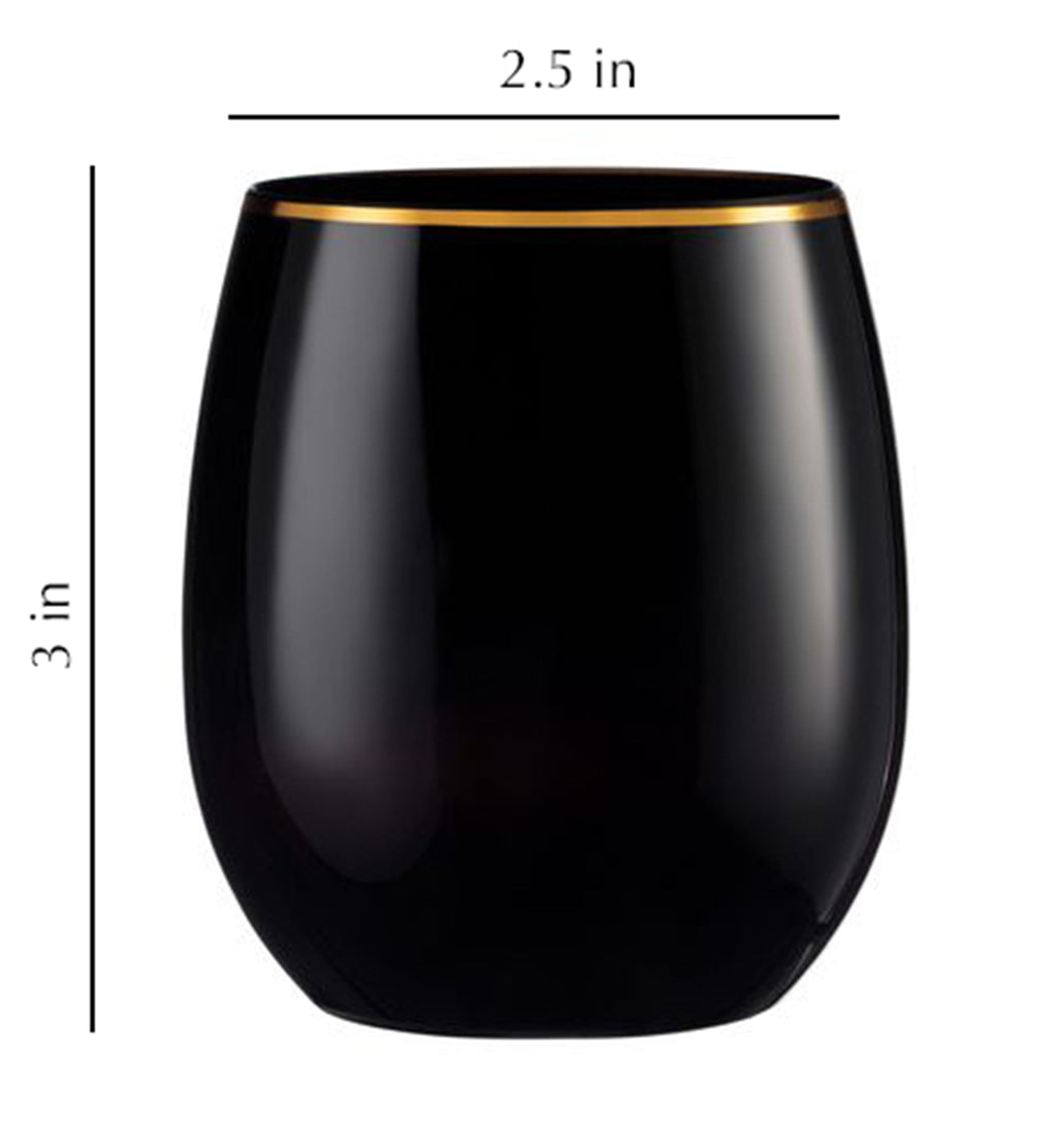 12oz Stemless Plastic Wine Goblet Black / Gold Rim 6 Pack