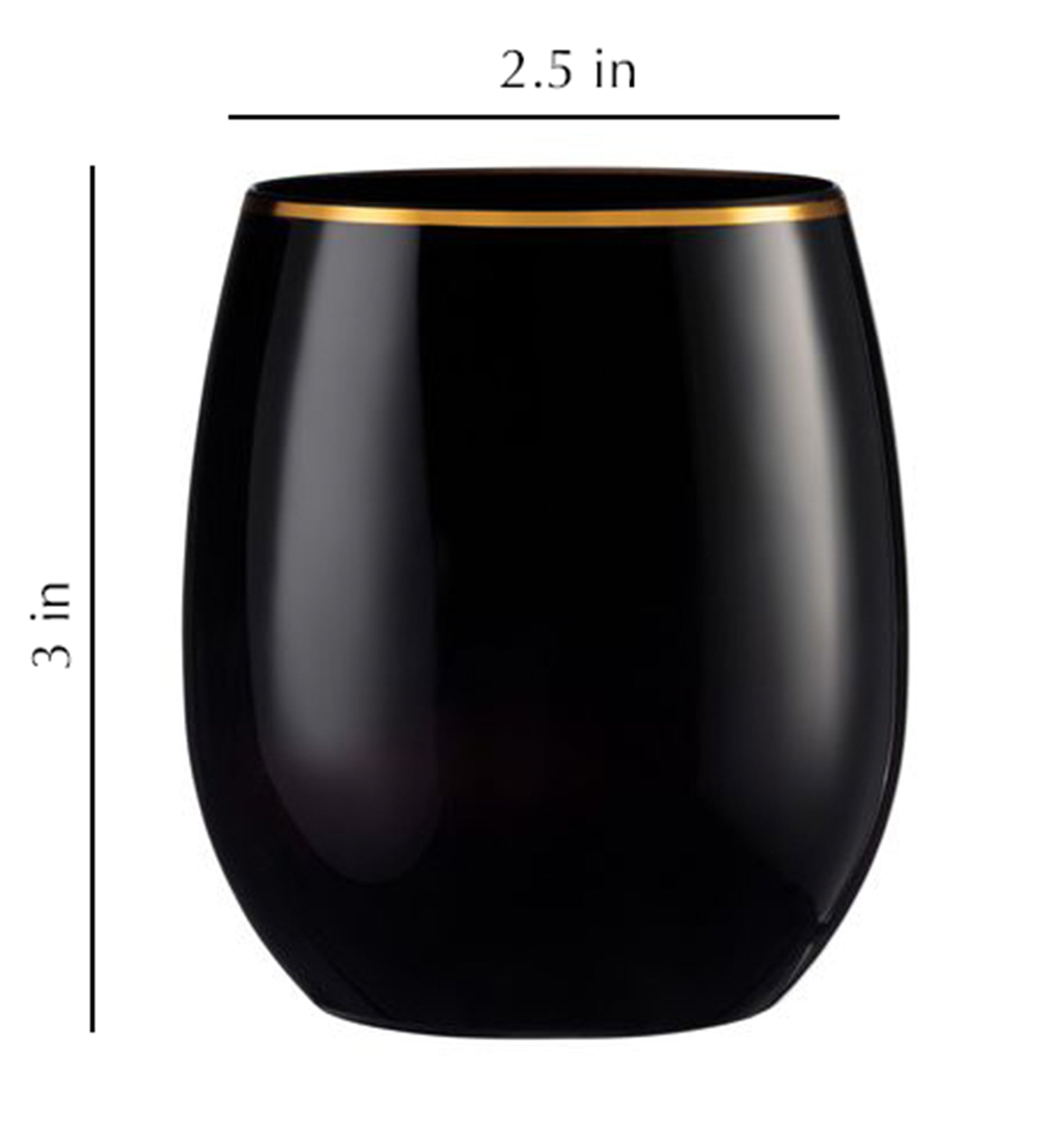 12oz Stemless Plastic Wine Goblet Black / Gold Rim 6 Pack