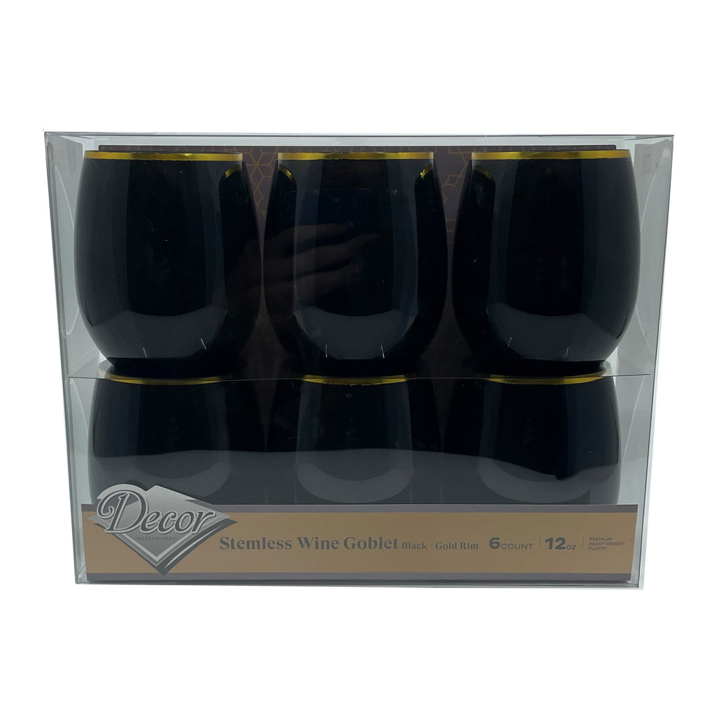 12oz Stemless Plastic Wine Goblet Black / Gold Rim 6 Pack