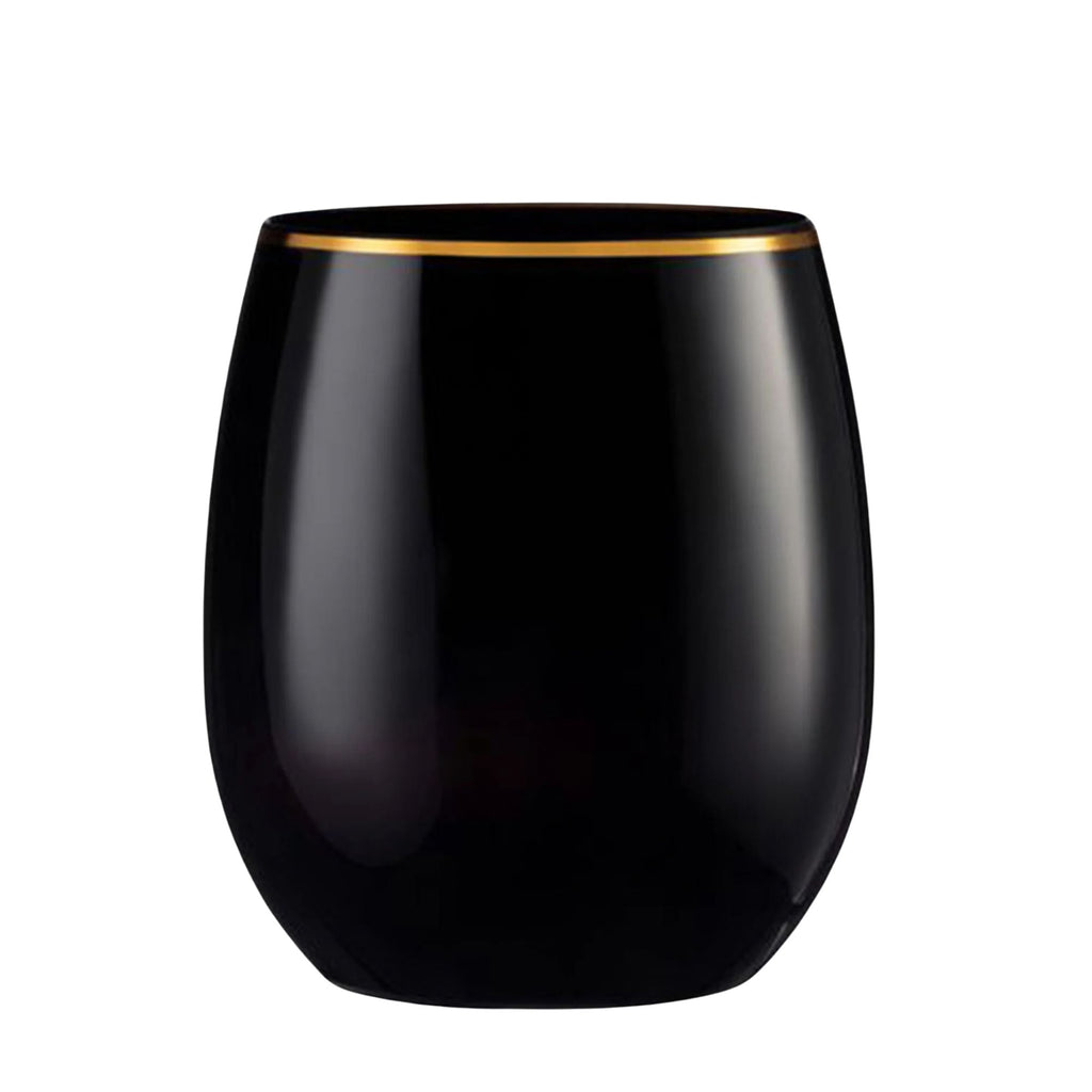 12oz Stemless Plastic Wine Goblet Black / Gold Rim 6 Pack