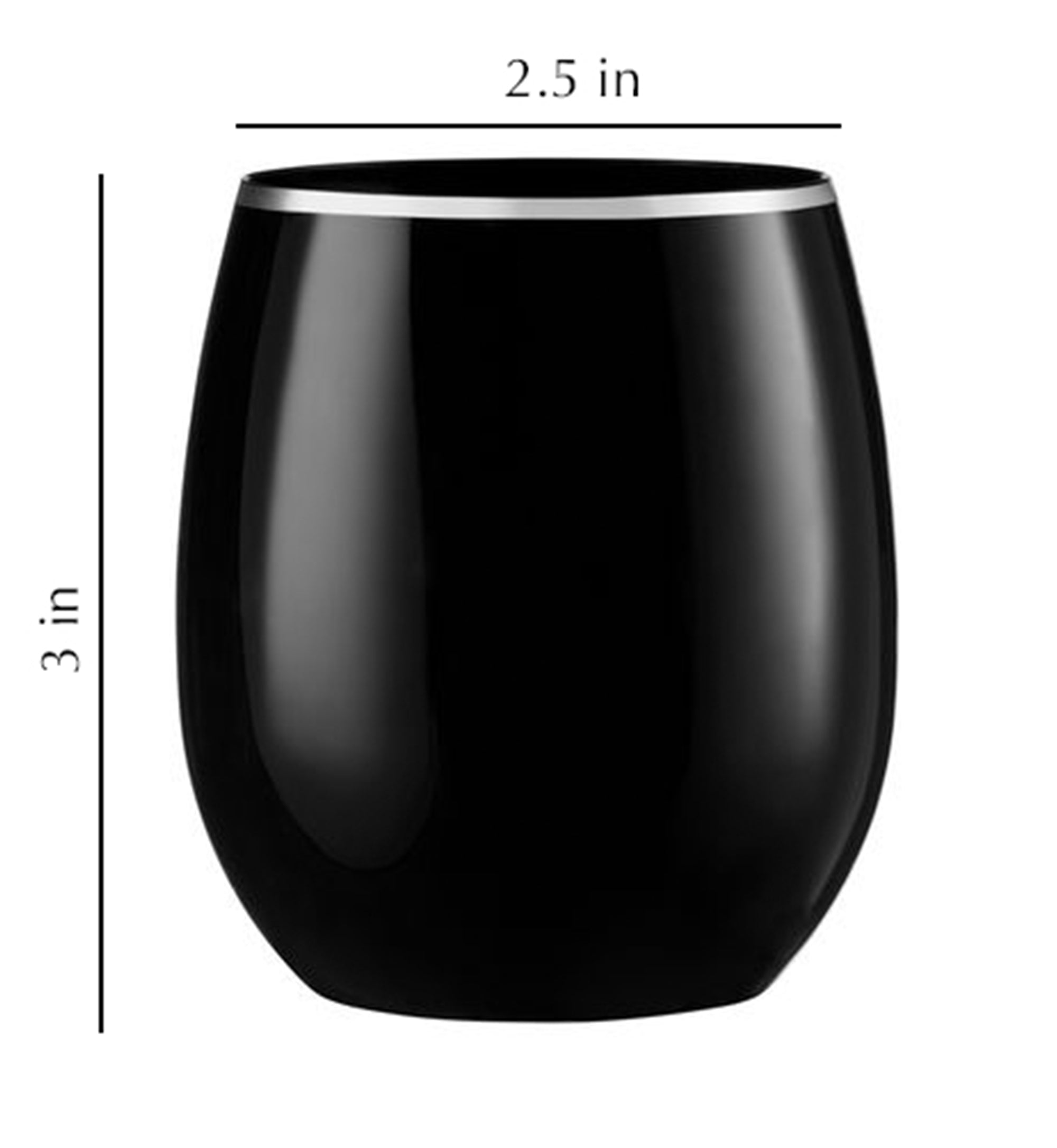 16oz Stemless Plastic Wine Goblet Black / Silver Rim 6 Pack