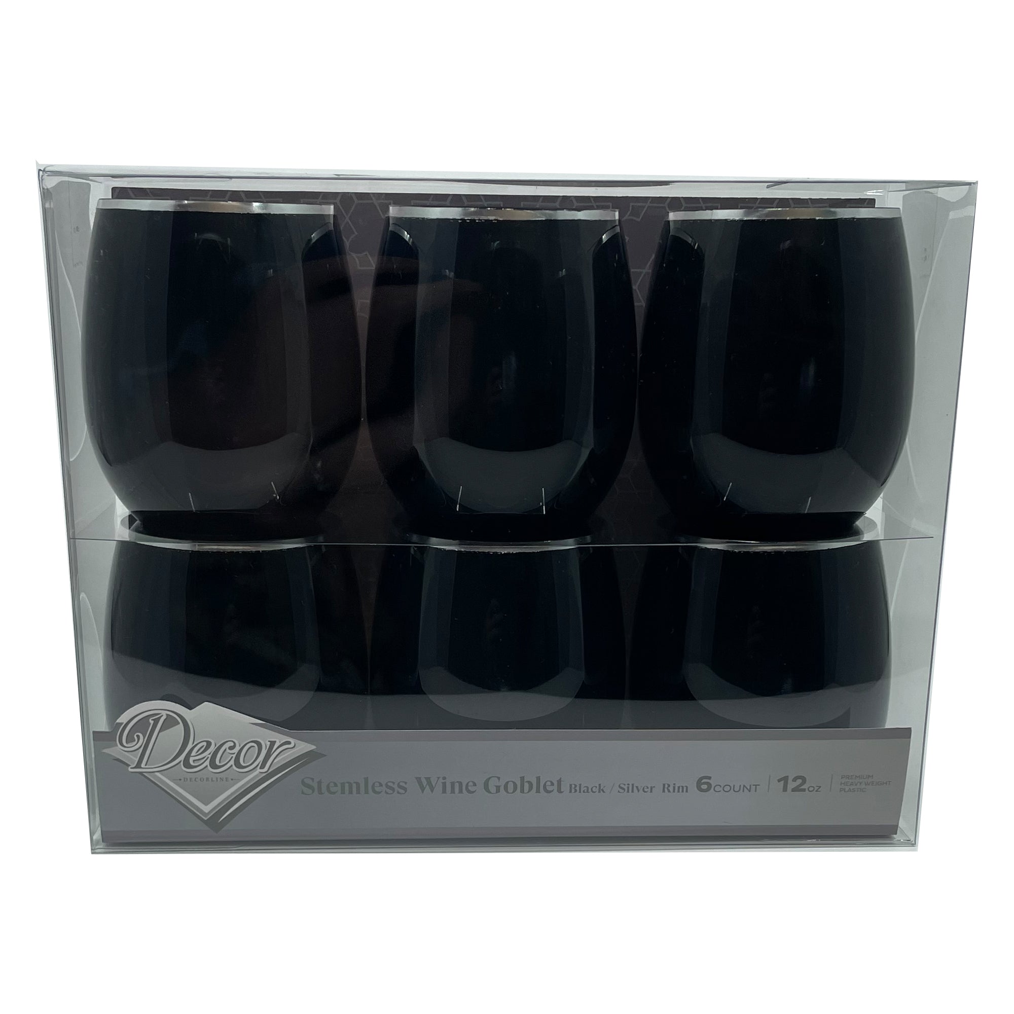 16oz Stemless Plastic Wine Goblet Black / Silver Rim 6 Pack