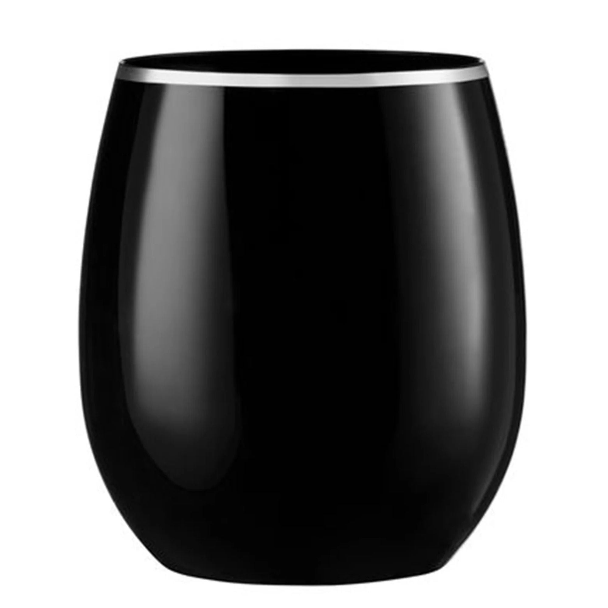 16oz Stemless Plastic Wine Goblet Black / Silver Rim 6 Pack