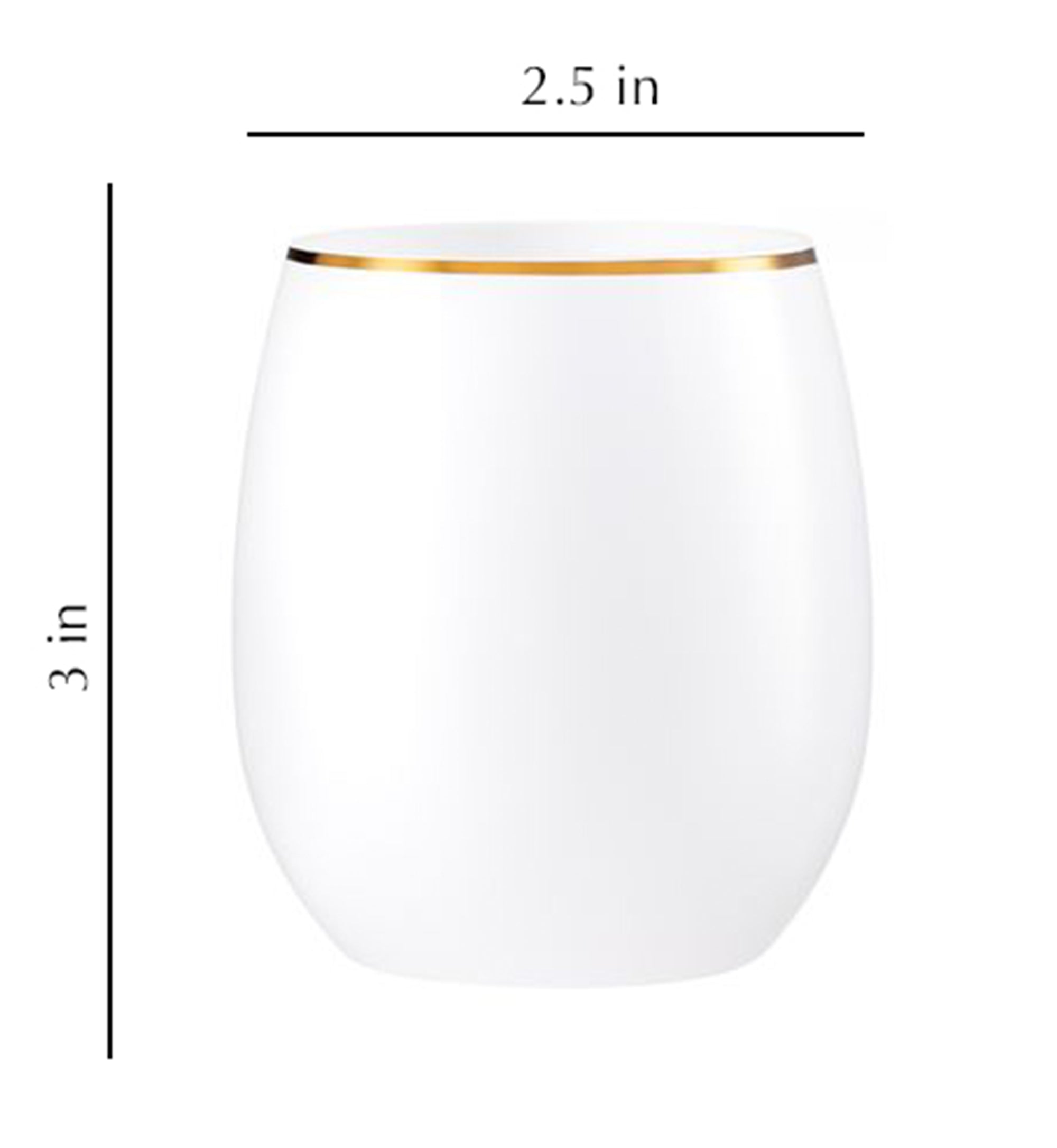 12oz Stemless Plastic Disposable Wine Goblet  White / Gold Rim 6 Pack