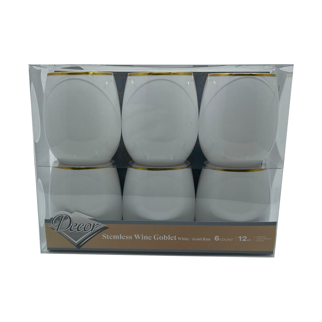 12oz Stemless Plastic Disposable Wine Goblet  White / Gold Rim 6 Pack