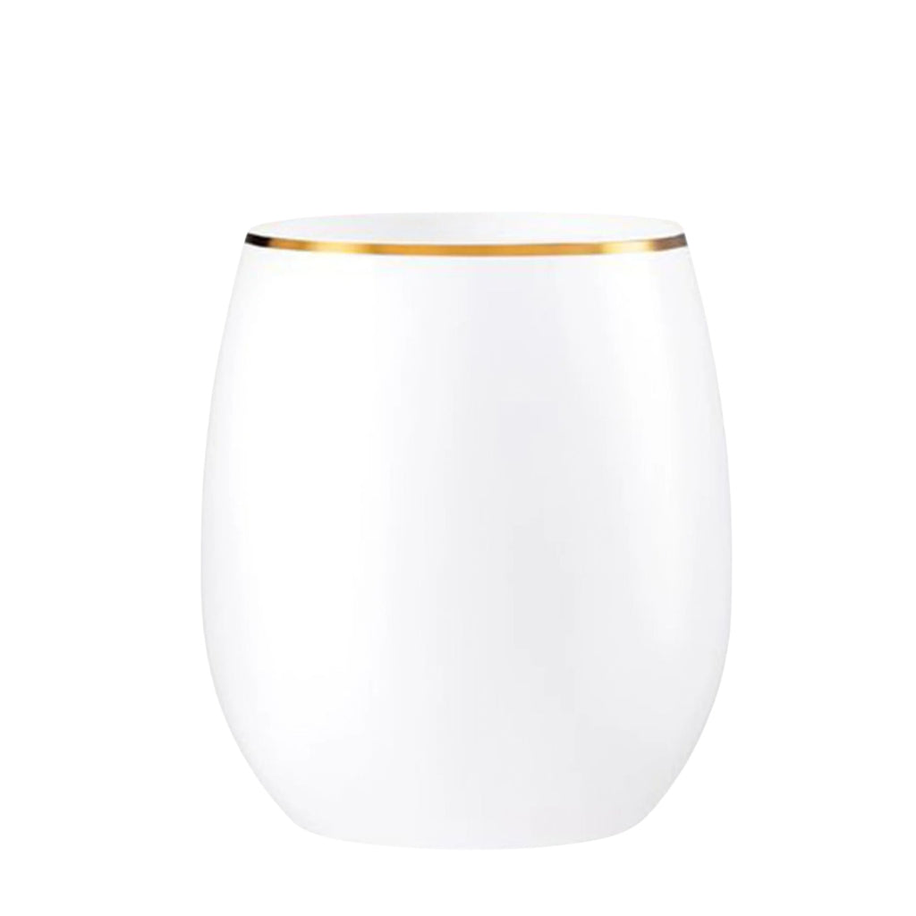 12oz Stemless Plastic Disposable Wine Goblet  White / Gold Rim 6 Pack