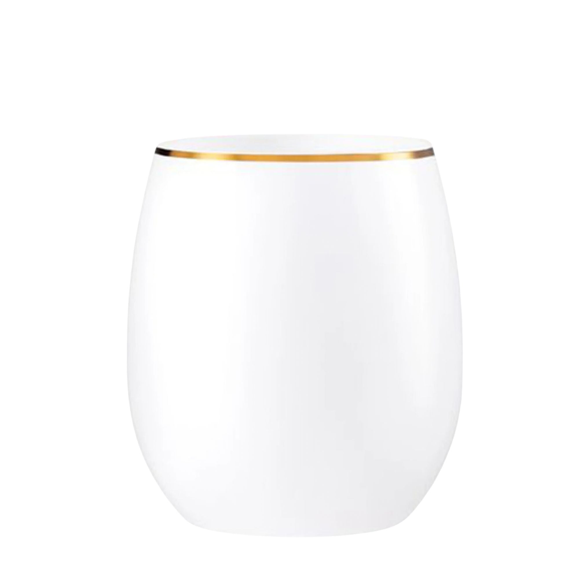 12oz Stemless Plastic Disposable Wine Goblet  White / Gold Rim 6 Pack