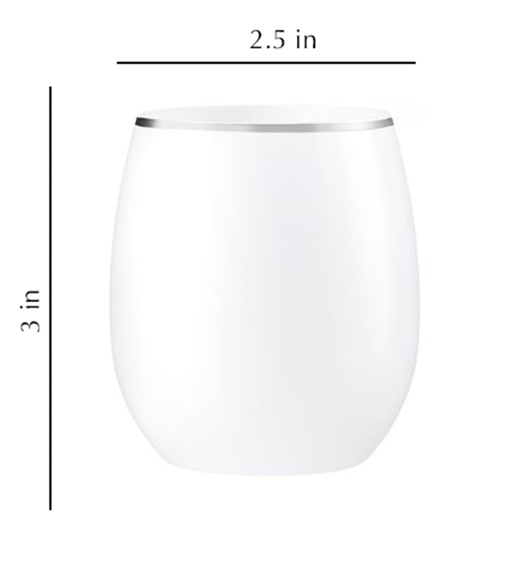 12oz Stemless Plastic Wine Goblet White / Silver Rim 6 Pack