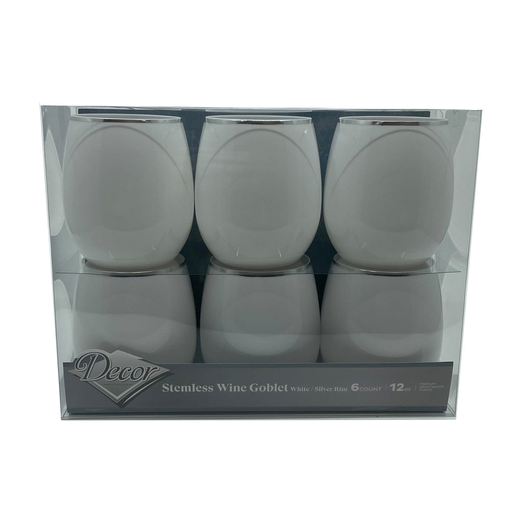 12oz Stemless Plastic Wine Goblet White / Silver Rim 6 Pack