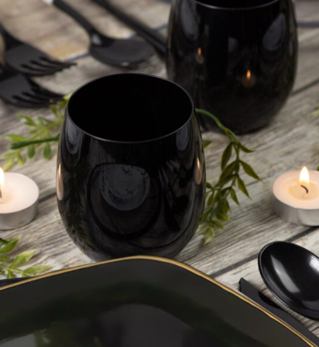 16oz Stemless Plastic Disposable Wine Goblet Black