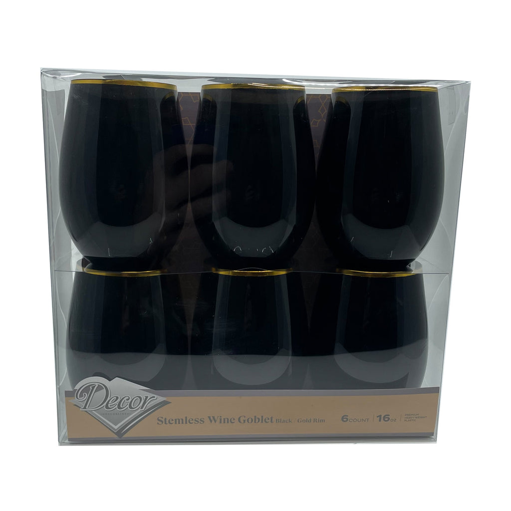 Elegant Black & Silver Rimmed 16oz Stemless Goblets